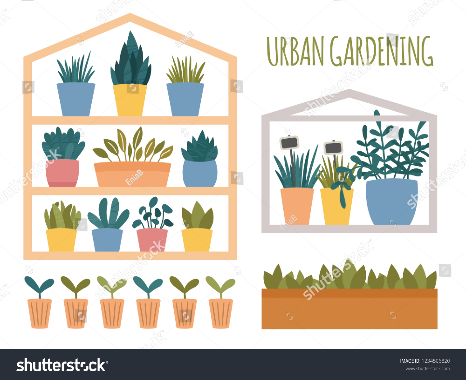 Urban Gardening Set Potted Plants Elements Stock Vector Royalty Free 1234506820