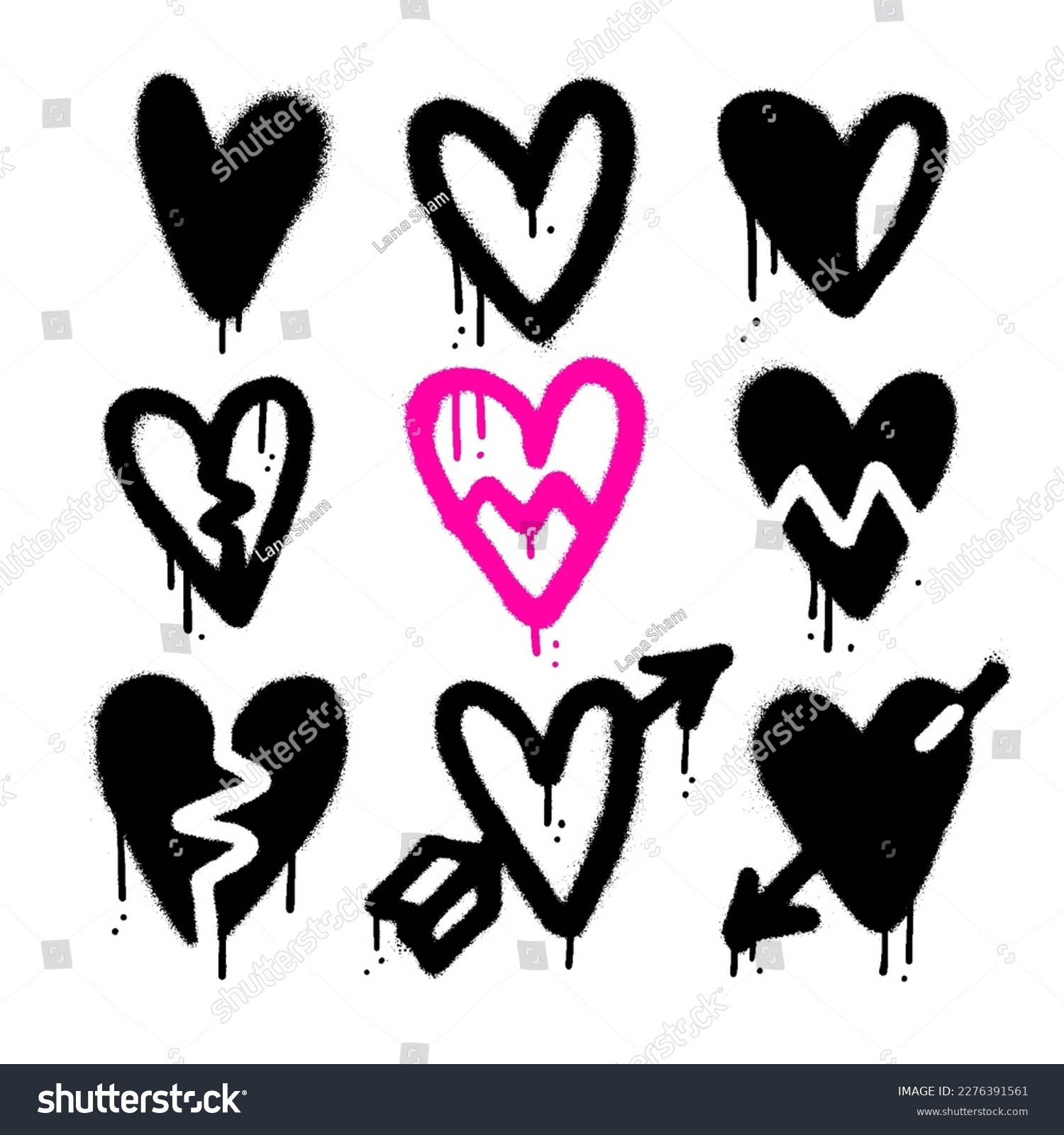 SVG of Urban graffiti spray ink hearts set. Valentine day heart elements, ink graphic leaks and stains. Abstract paint love and romantic symbols, rough wedding neoteric decor, broken heart icon. Vector. svg
