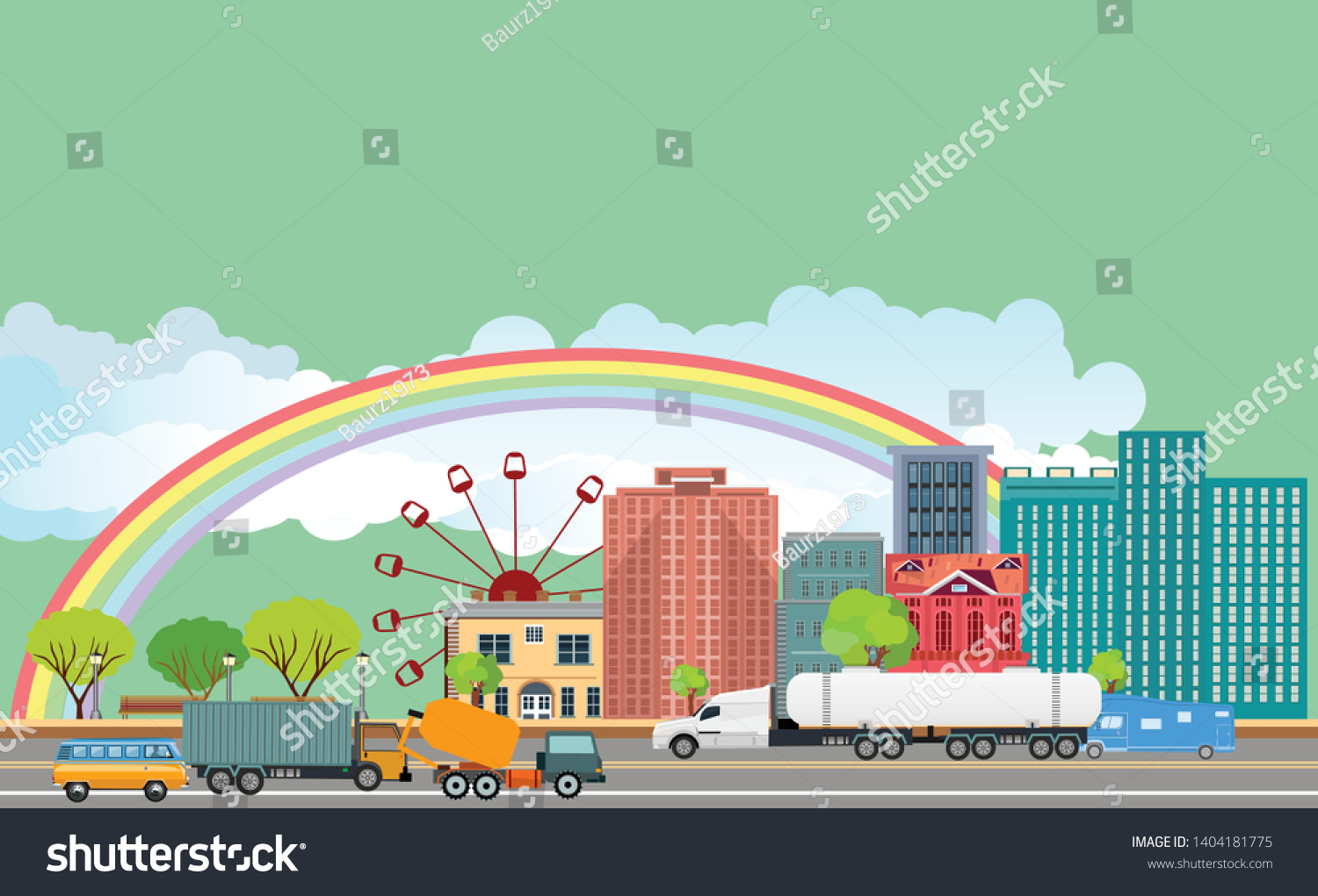 SVG of Urban landscape street with city buildings, towers . Family houses in town and clouds in the sky with green trees in background. Carson the road svg