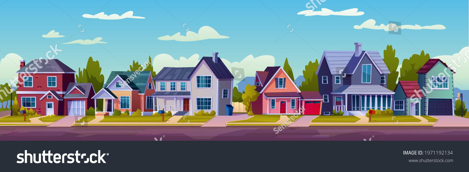 SVG of Urban or suburban neighborhood at night, houses with lights, late evening or midnight. Vector homes with garages,trees and driveway. Suburb village landscape with cottage buildings, street lamps svg