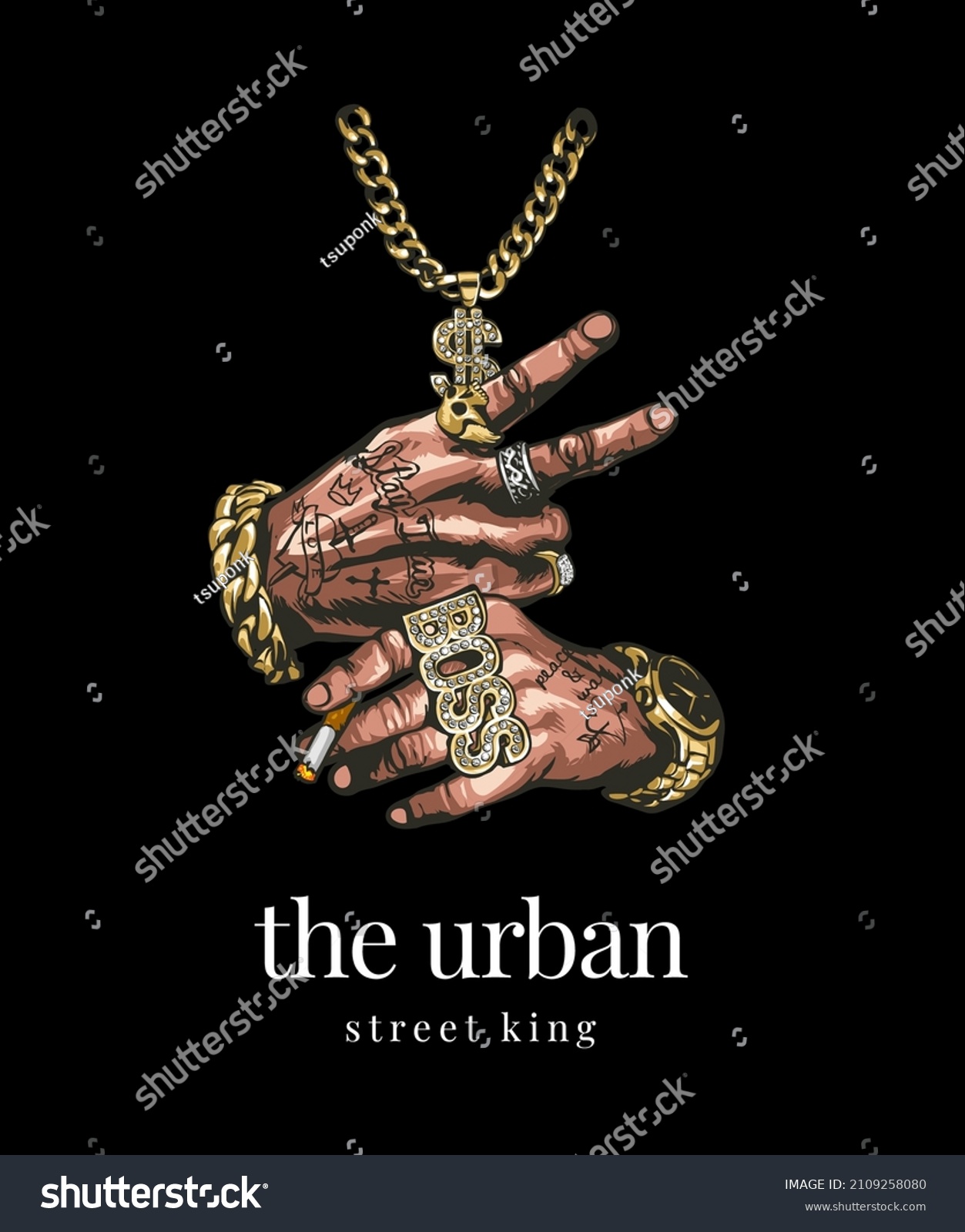 SVG of urban slogan with tattooed hand in gold acccessories holding cigarette on black background svg