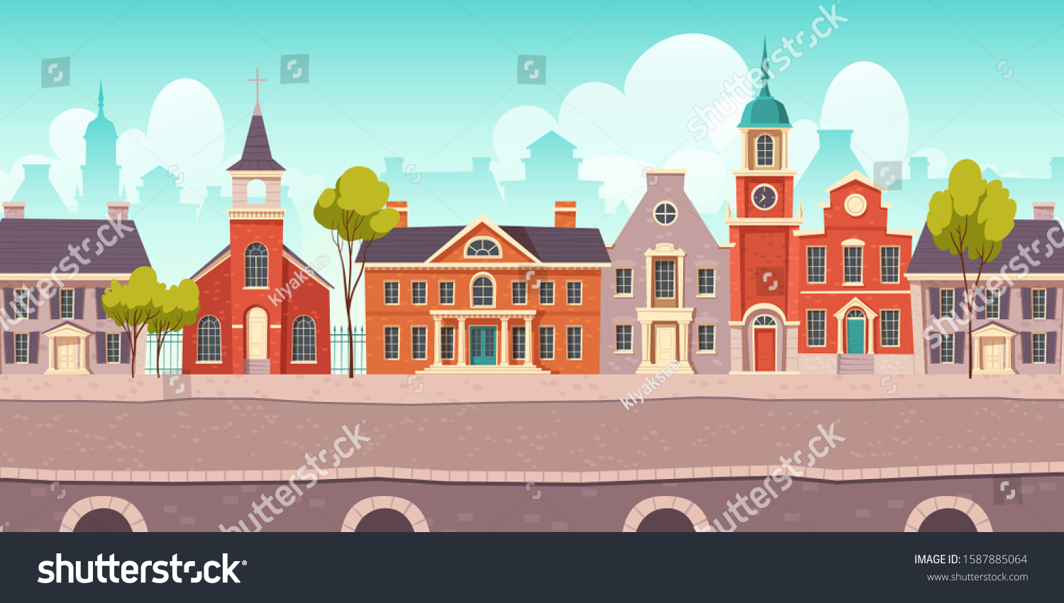 SVG of Urban street landscape 18th century with residential, government and church buildings, retro cartoon vector background. Cityscape with pavement, facades, vintage town poster svg