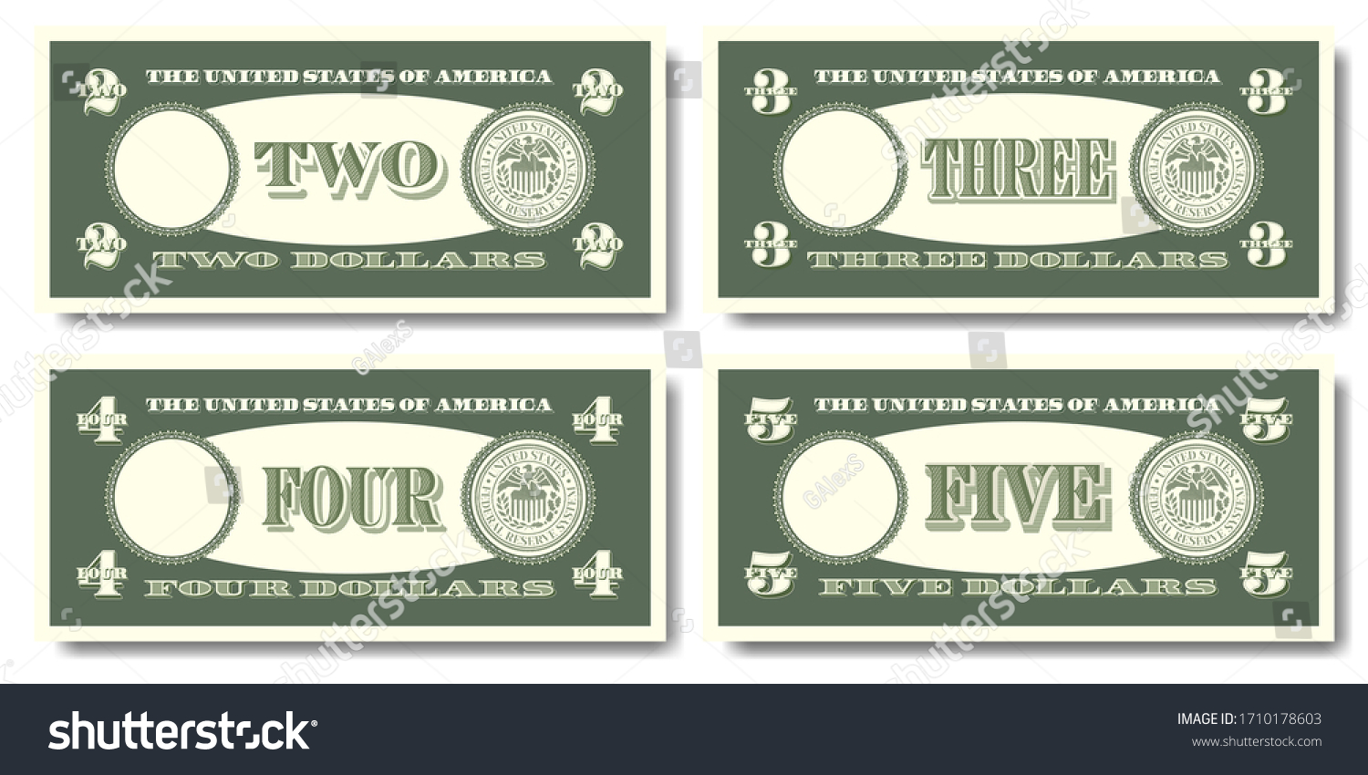 SVG of US fictitious green paper money in denominations of  two, three, four and five dollars Part one svg