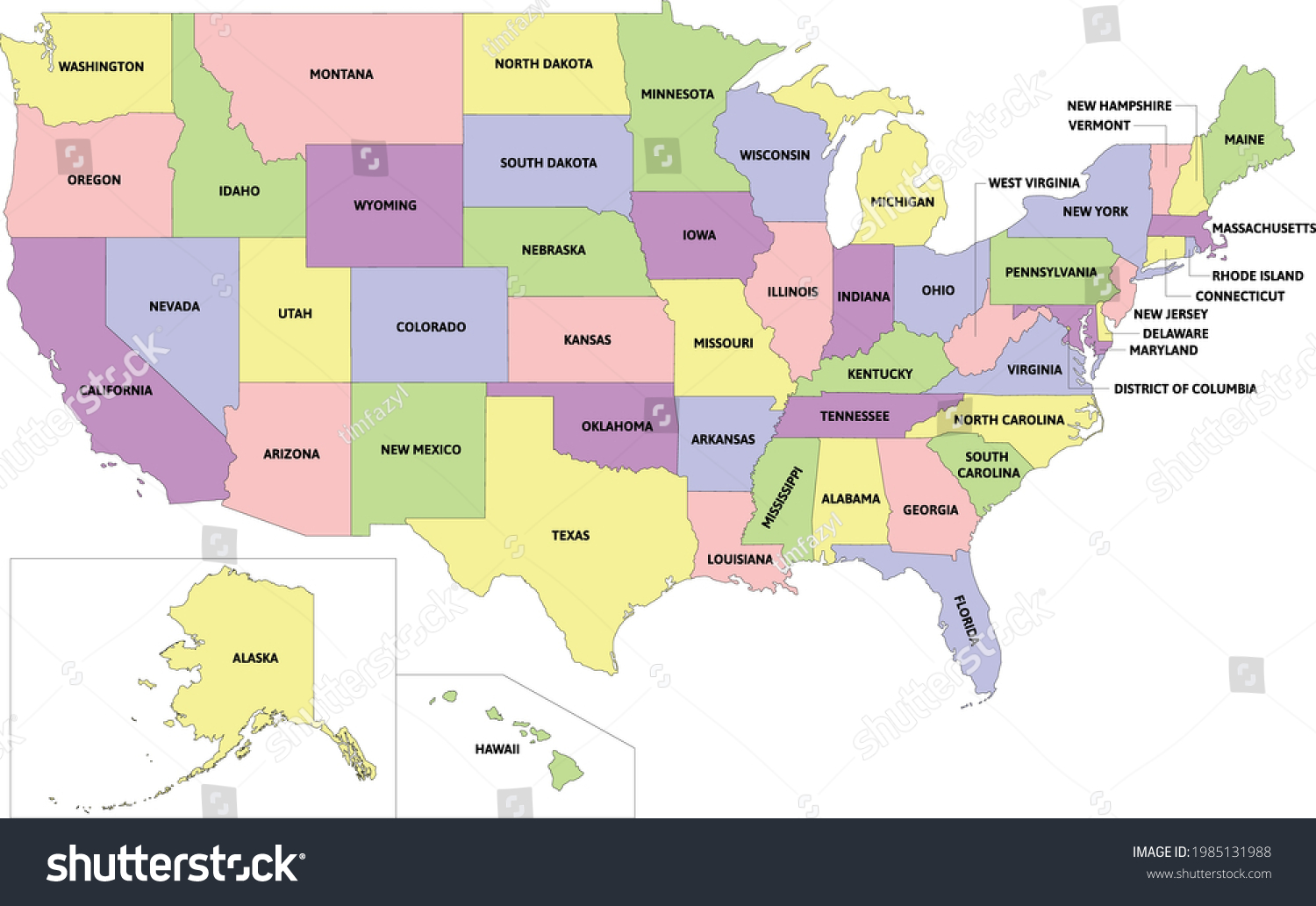 Usa Administrative Map States District Columbia Stock Vector Usa Administrative Map With States And District Of Columbia Colored Vector 1985131988