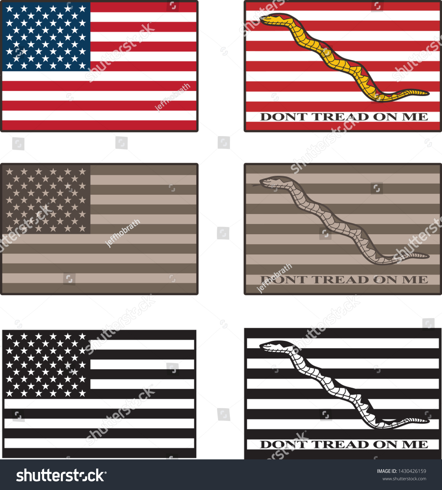 SVG of USA and Dont Tread On Me flag isolated vector illustration set in full color, desert camouflage tones, and black   svg