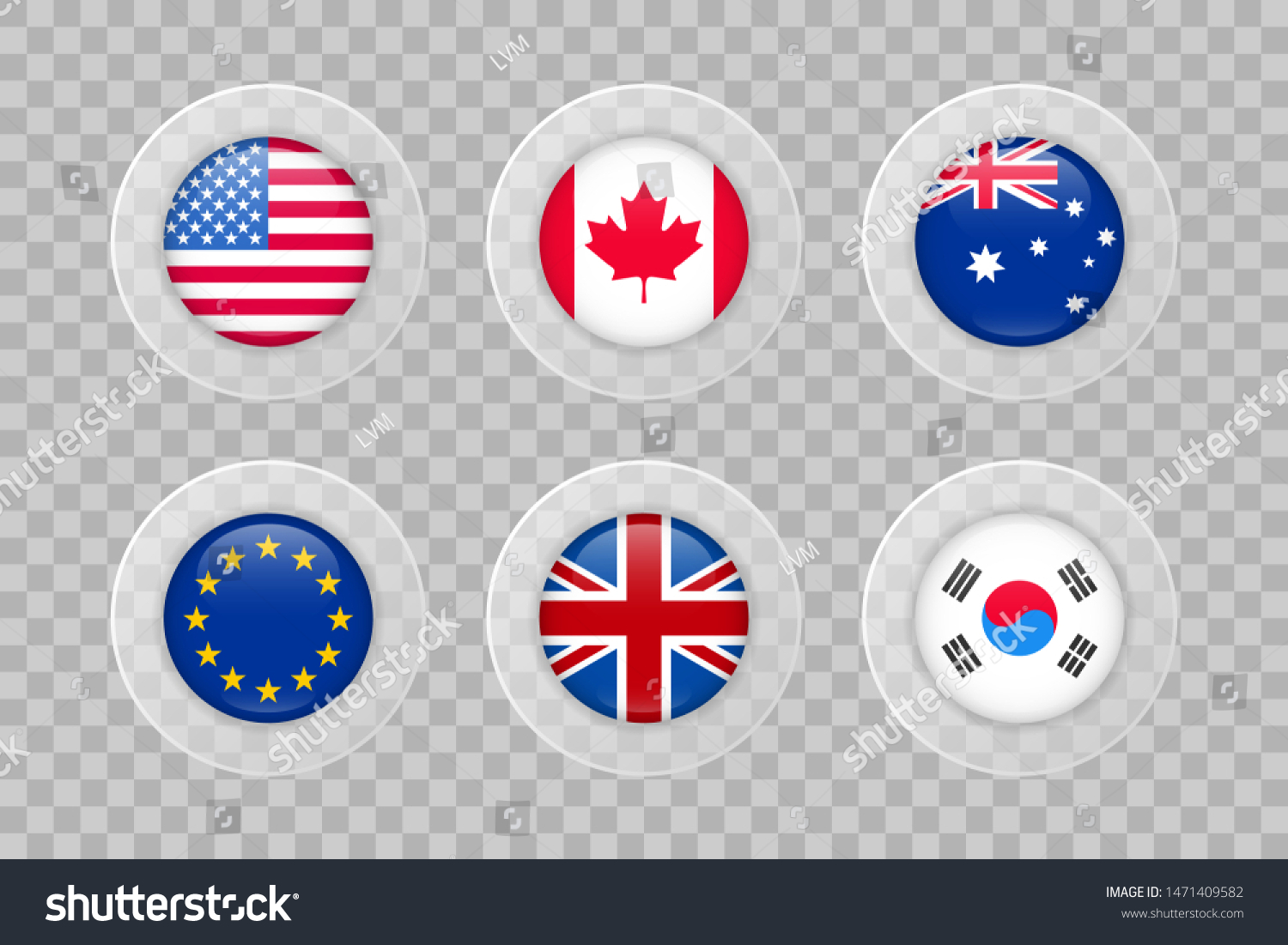 SVG of USA, Canada, Australia, European Union, United Kingdom, South Korea flag on transparent background. Isolated vector icon set for web, design, decoration, business, travel, infographic elements svg