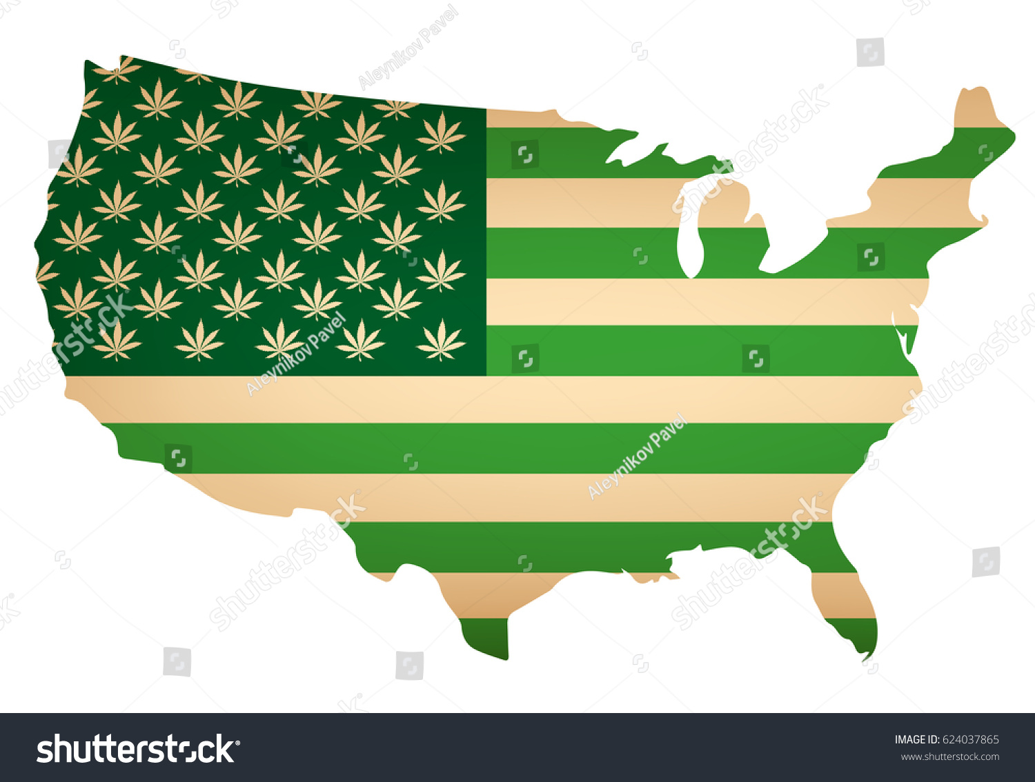 Usa Map Green Flag Cannabis Leaf Stock Vector 624037865 - Shutterstock