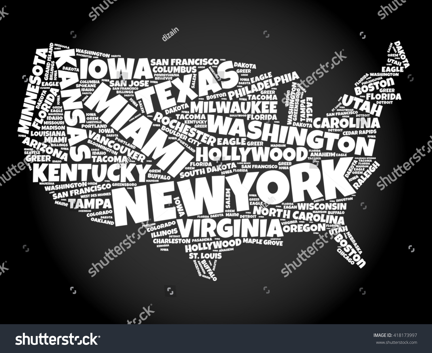 Usa Map Word Cloud Collage Most Stock Vector Royalty Free 418173997