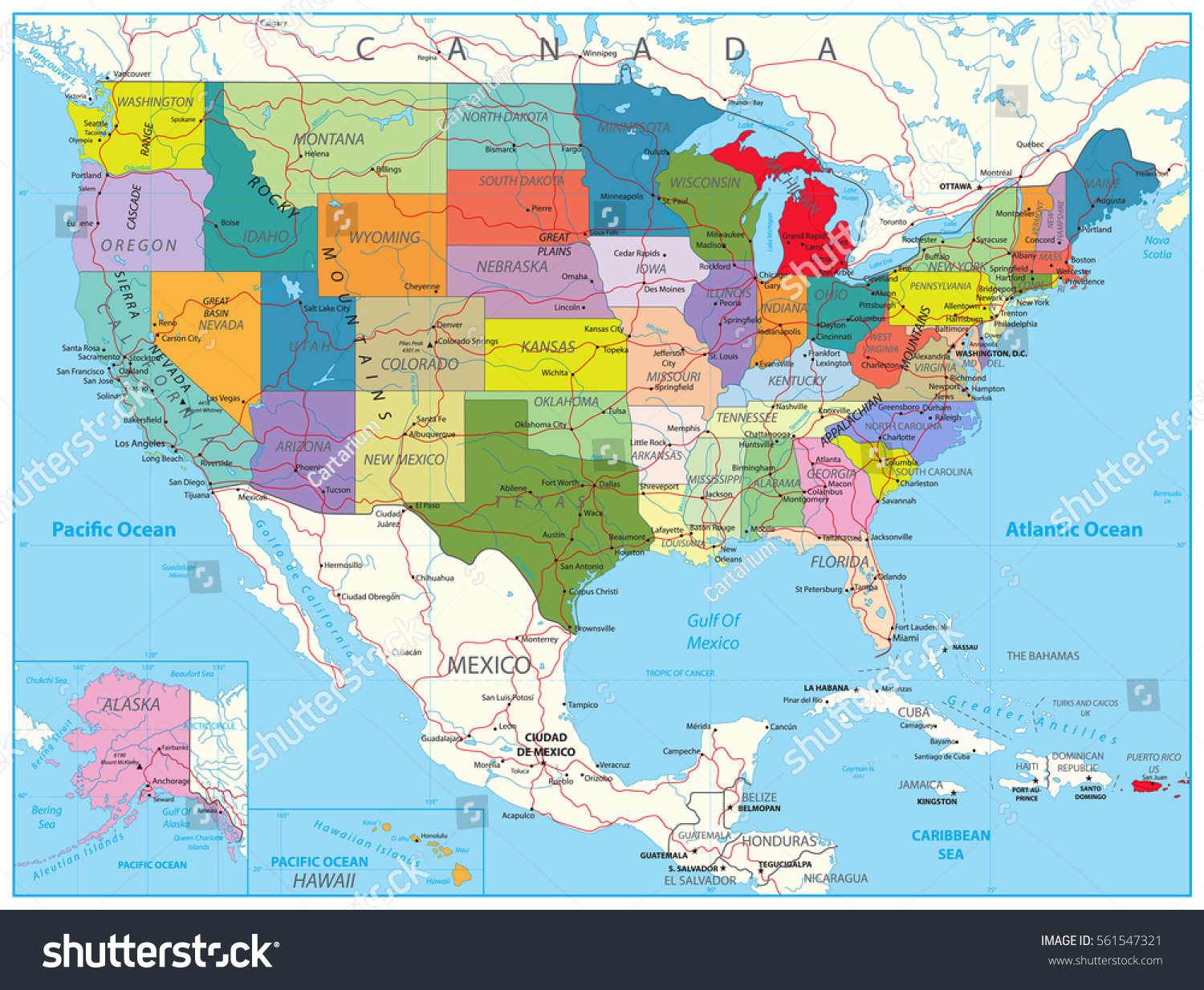 Usa Political Road Map Roads Water Stock Vector Royalty Free