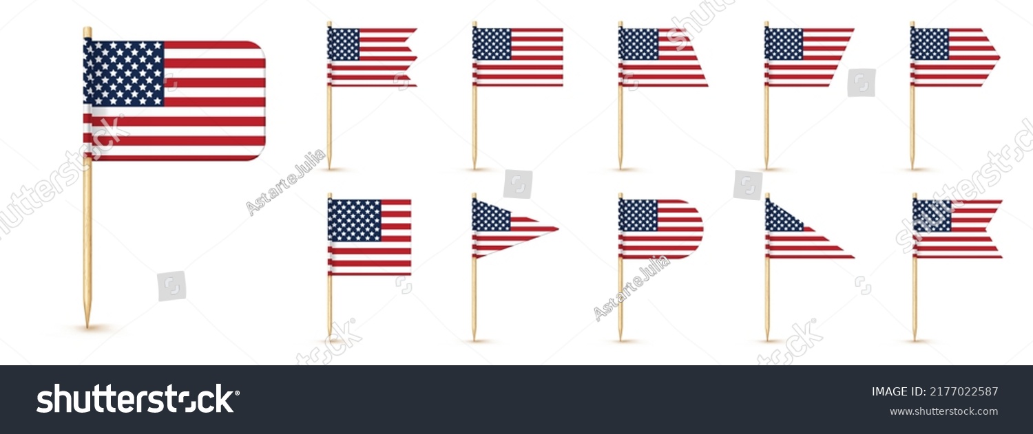 SVG of USA toothpick flag isolated on wood stick with white paper. Realistic little tooth pick for lunch. Vector cocktail decoration. svg