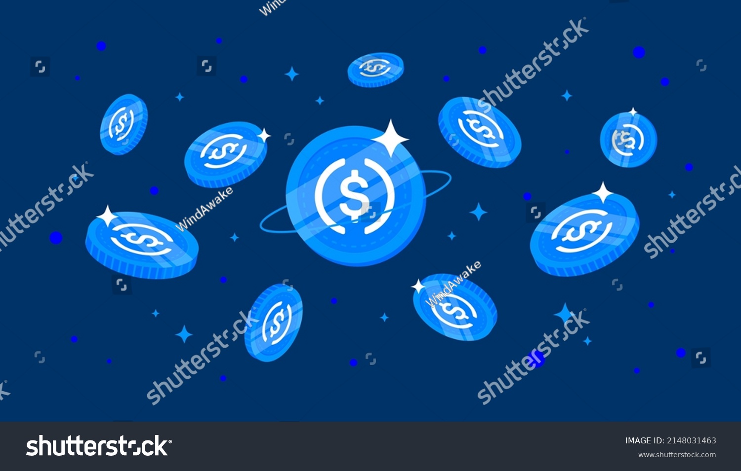 SVG of USD Coin (USDC) falling from the sky. USDC cryptocurrency concept banner background. svg