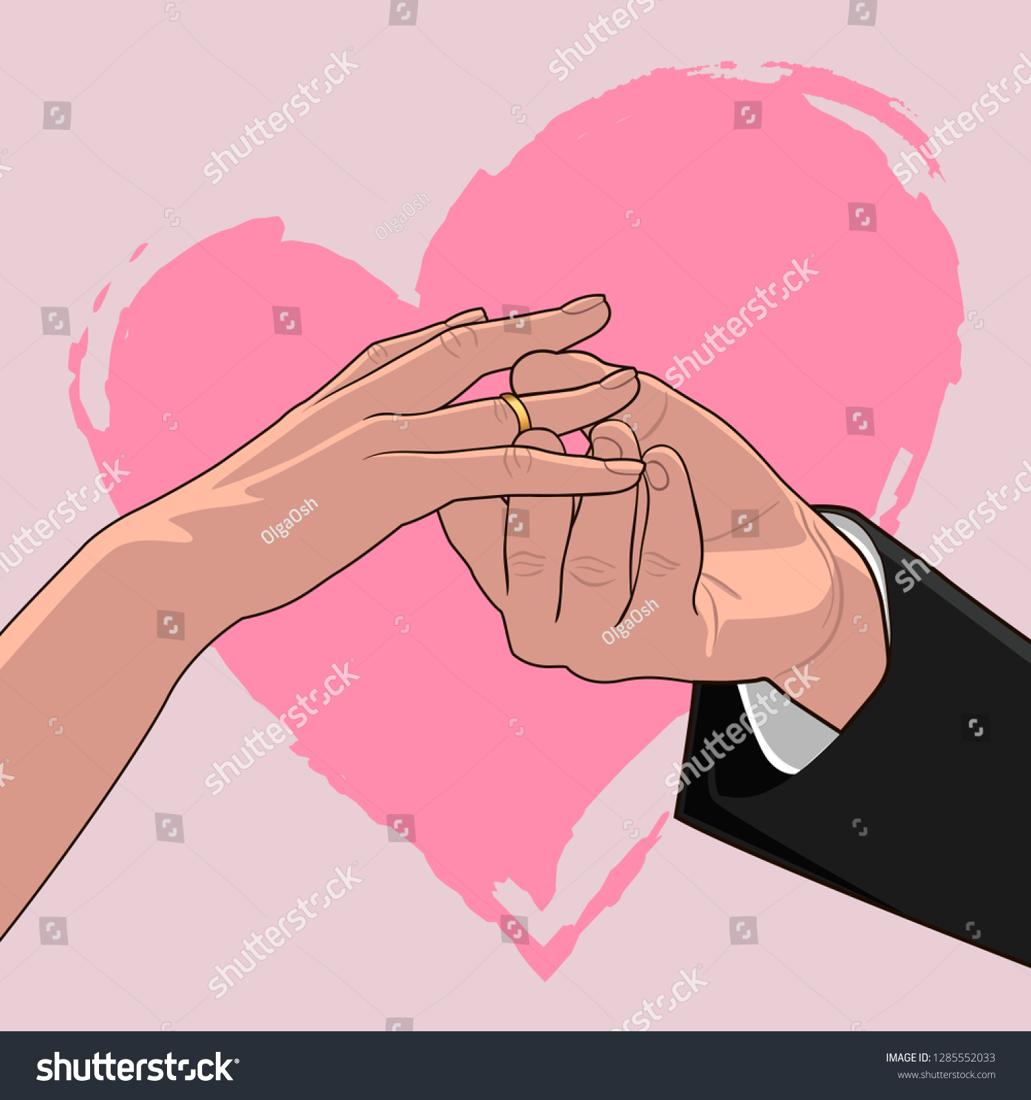 SVG of Valentine's day card with male and female hands on the background of a pink heart. The groom puts the ring on the bride's finger. Wedding. Girl's hand, man's hand, ring. Gold ring on the ring finger. svg