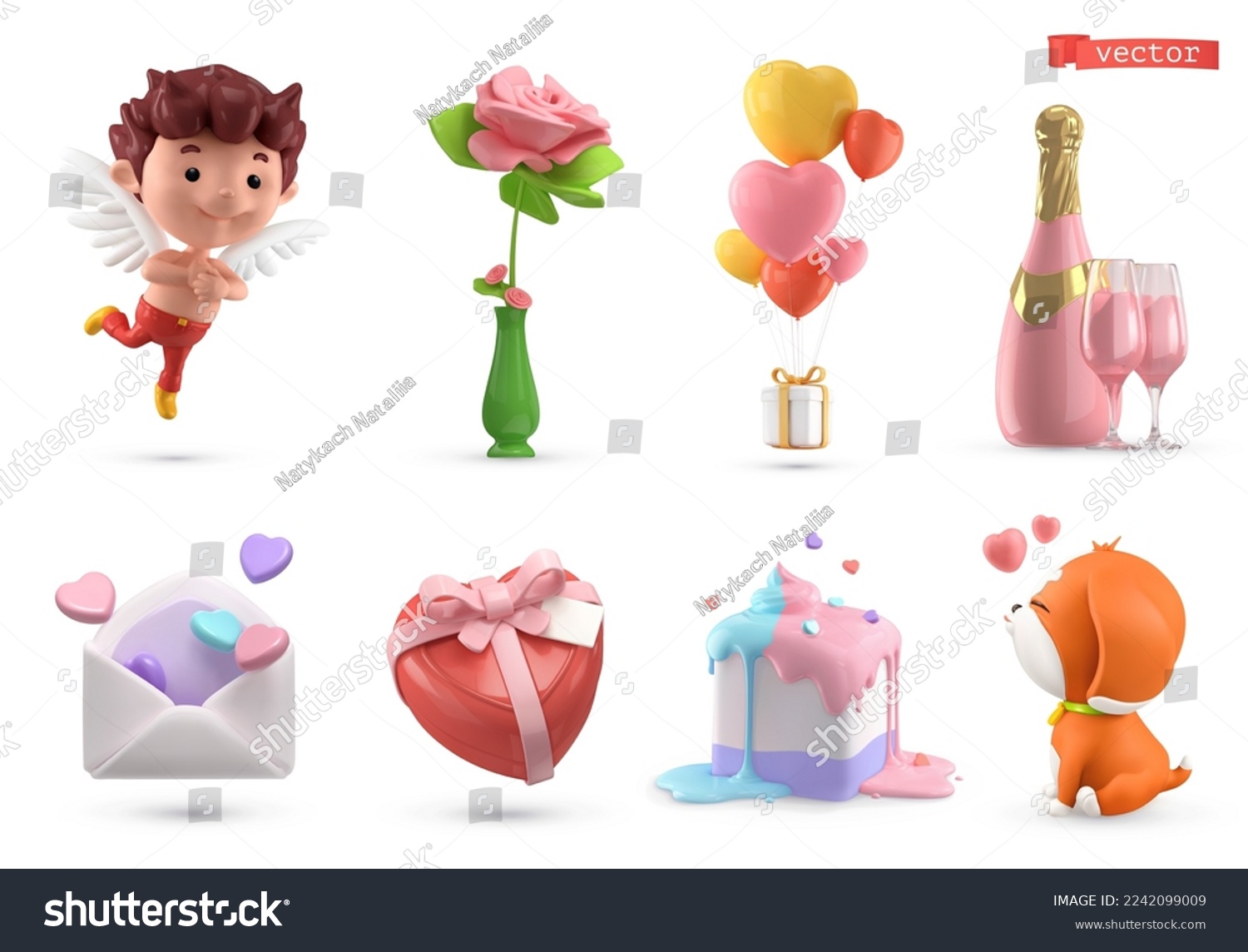 SVG of Valentine's day 3d vector cartoon icon set. Cupid, rose, balloons, pink champagne, letter and hearts, gift, cake, puppy svg