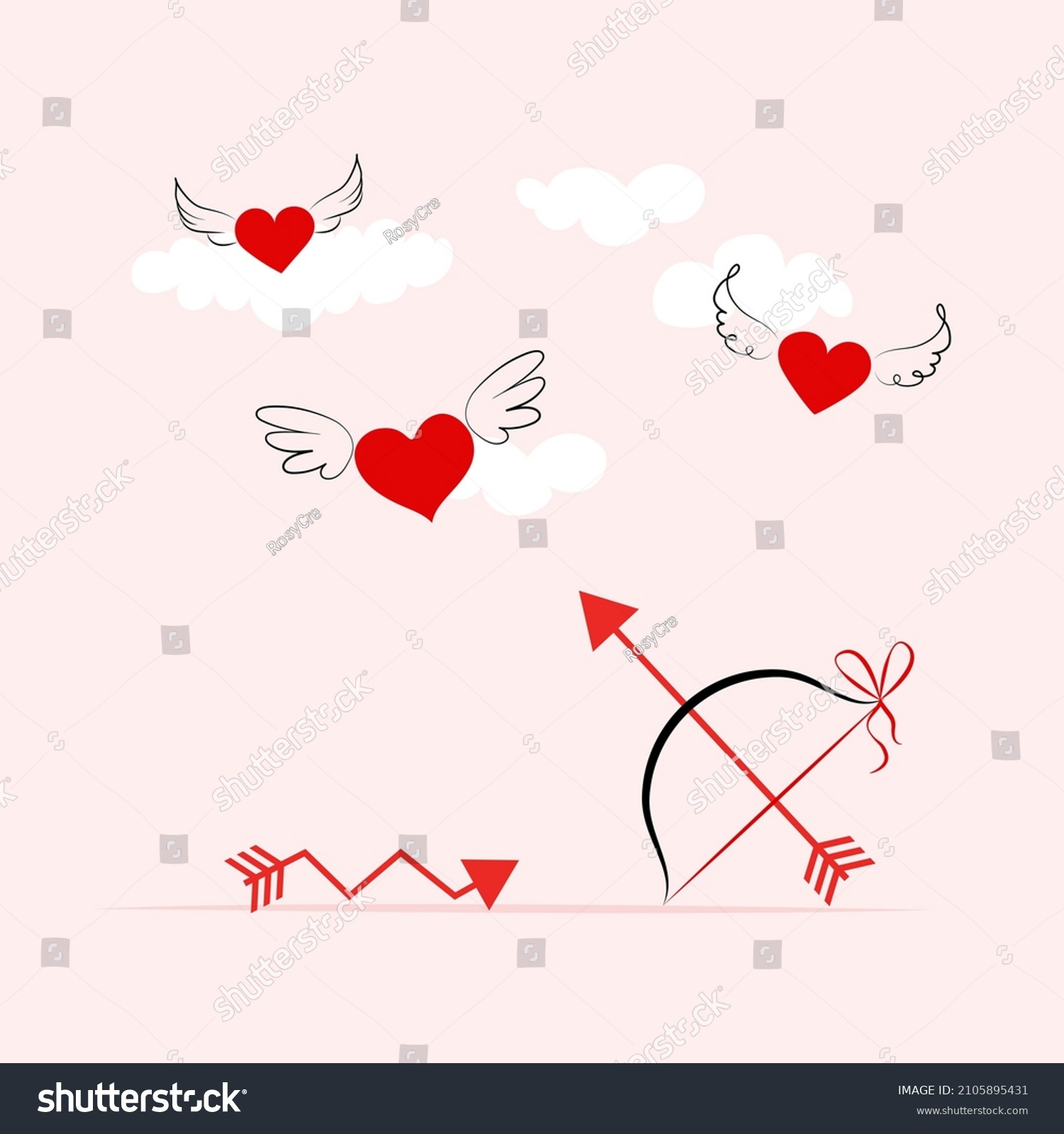 SVG of Valentine's day design. Red hearts with wings, cupid arrow. Holiday banner, web poster, flyer, stylish brochure, greeting card, cover. Romantic background. Vector illustration svg