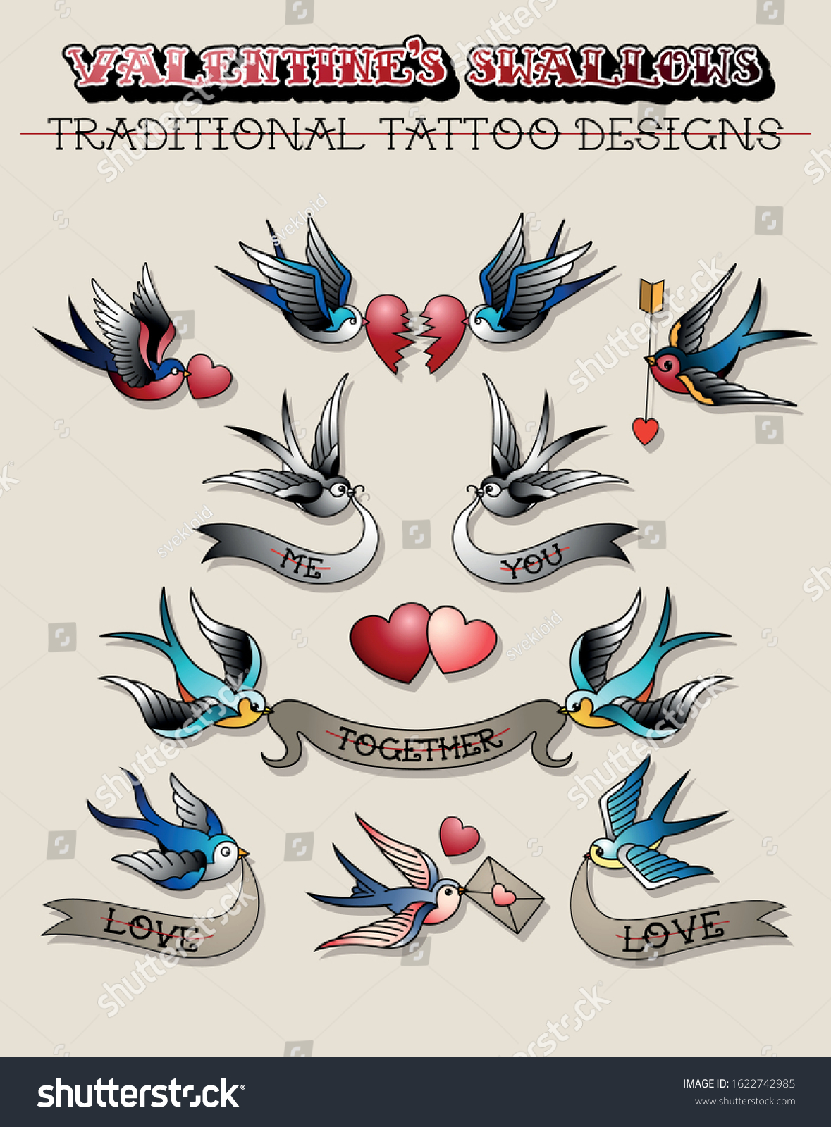 Valentines Day Swallows Traditional Tattoo Designs Stock Vector Royalty Free 1622742985