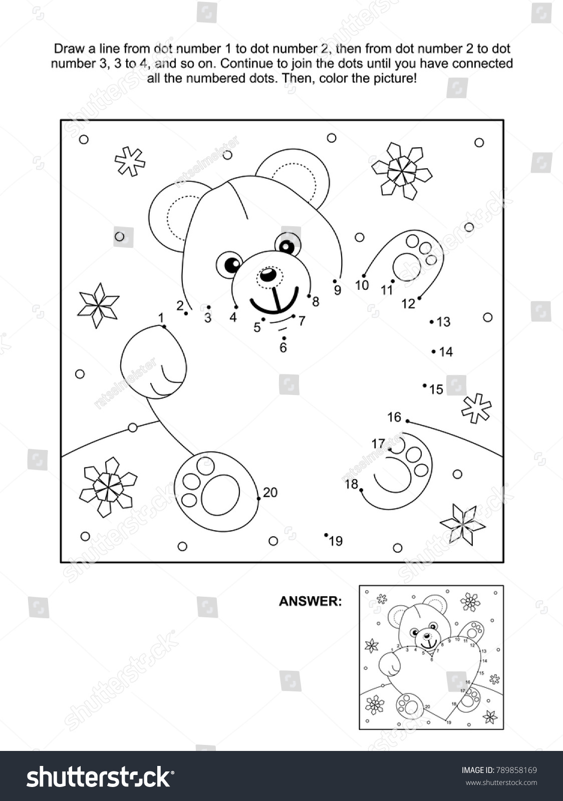 Valentine s Day themed connect the dots picture puzzle and coloring page with teddy bear and heart