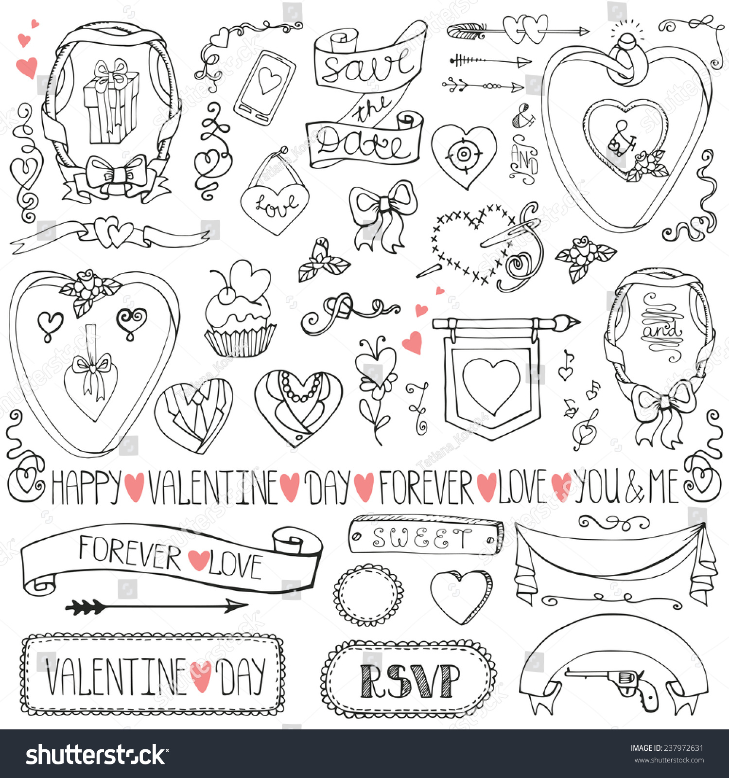 Valentines Dayweddingloveromantic Iconsribbonheartsswirlbadgesframe