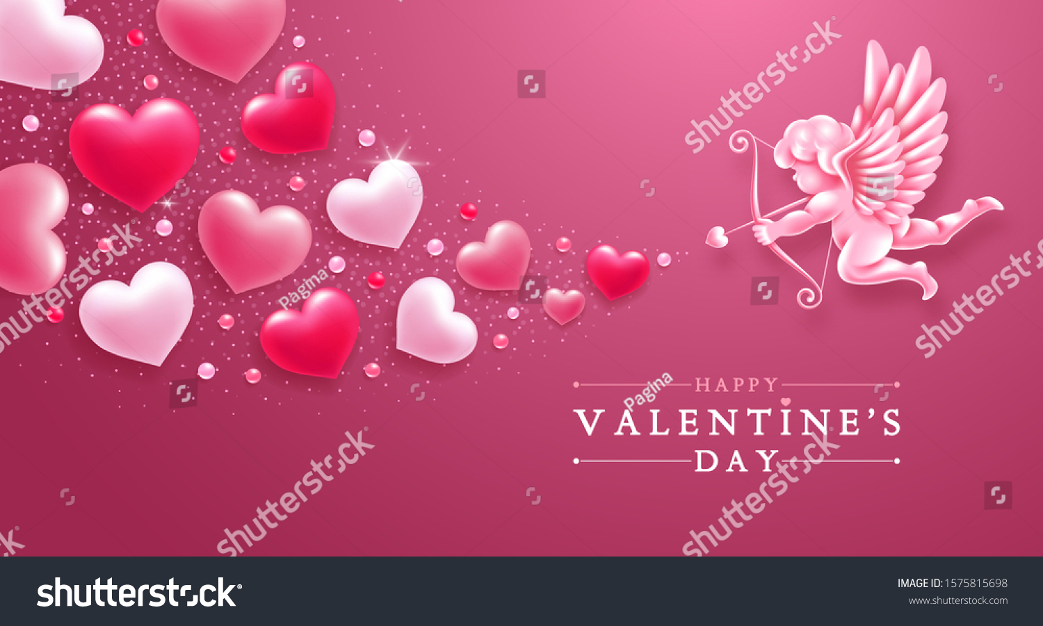 SVG of Valentines day romantic greeting card template. Realistic figure of cupid with bow and arrows, aiming in hearts of lovers. Vector illustration. svg