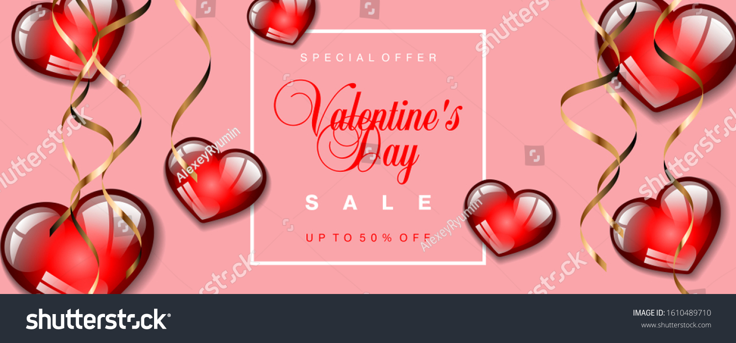 Valentines Day sale special offer text on pink background with red hearts and serpentine vector template. 