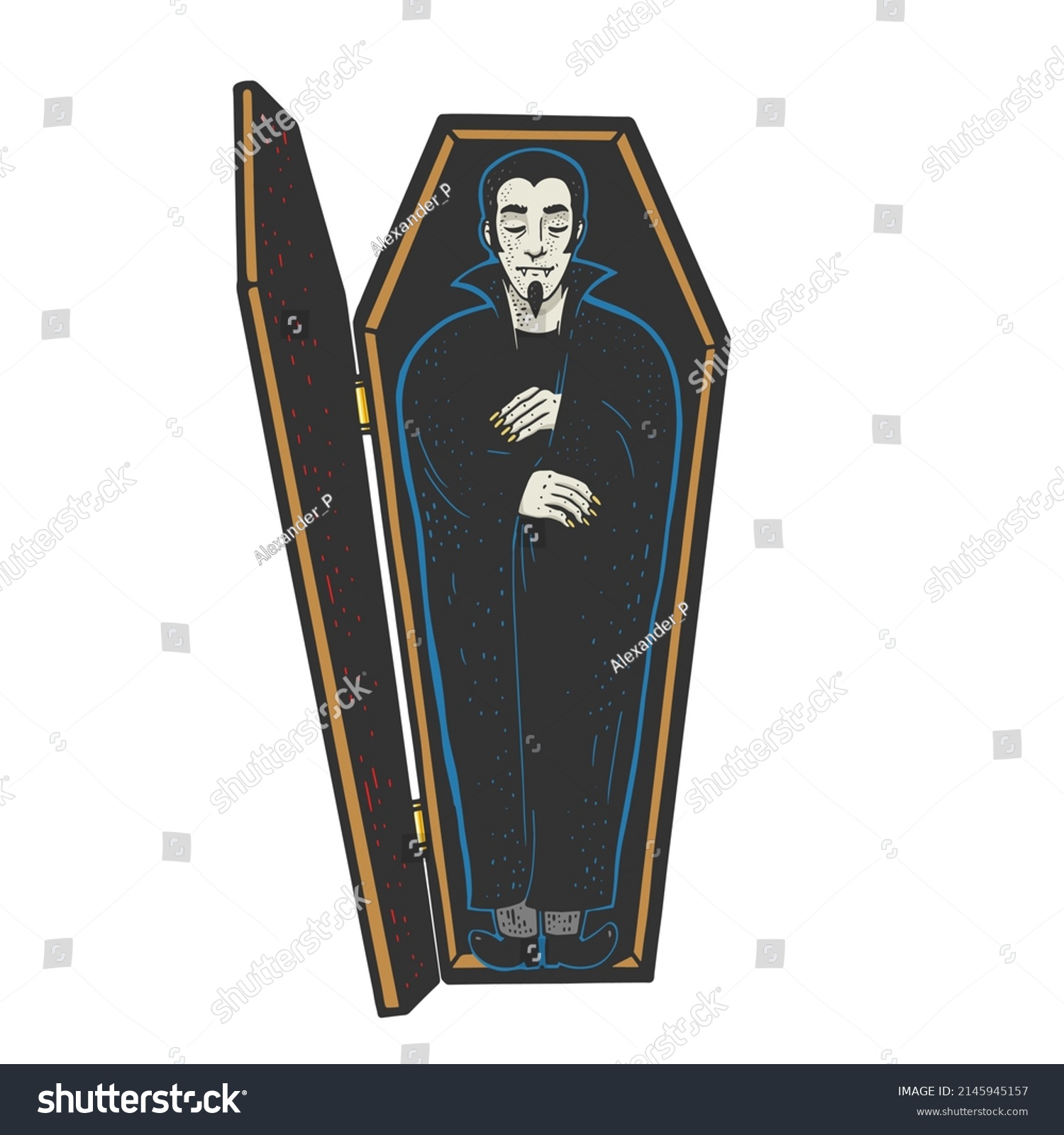 Vampire Sleeping Coffin Color Sketch Engraving Stock Vector (Royalty