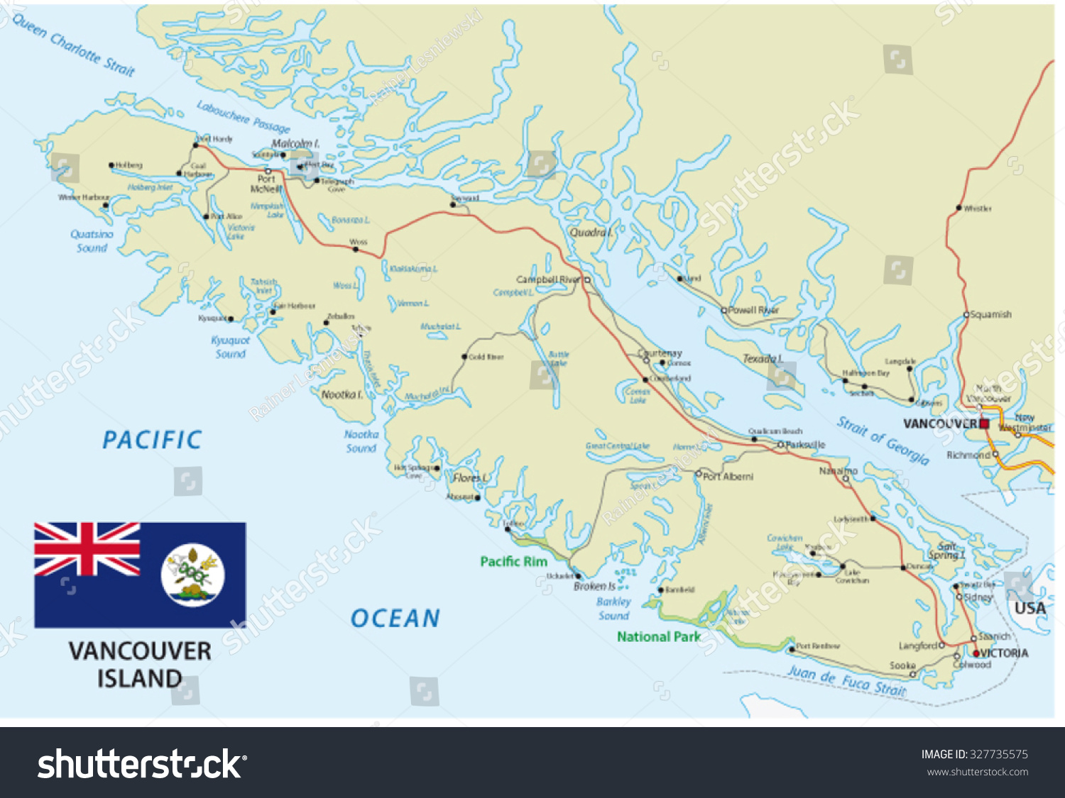 vancouver island road map Vancouver Island Road Map Flag Stock Vector Royalty Free 327735575 vancouver island road map