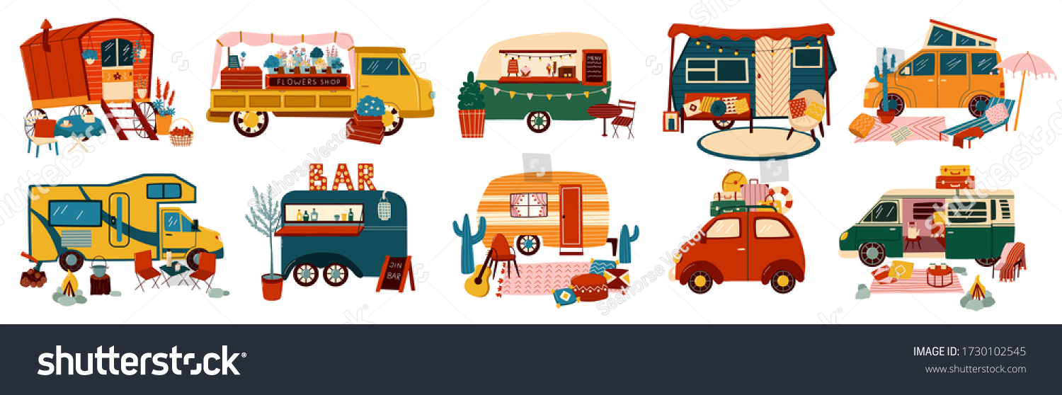 SVG of Vans and trailers vehicles set of travel caravans for camper, vintage summer trucks transport for tourism and hiking vacations adventure isolated vector illustrations. Retro car vans, campsite. svg