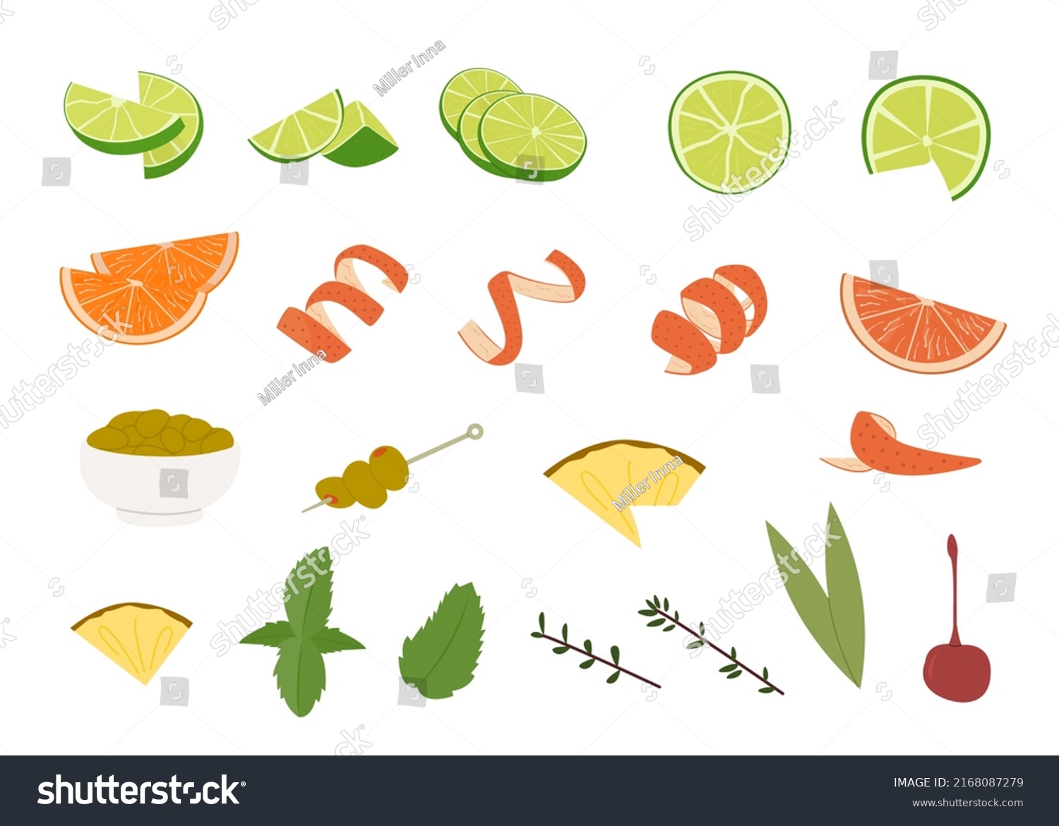SVG of Various alcohol cocktail garnishes. Lime slices, orange wedge and twist, olives skewer, cutted pineapple, mint twig, herb leaf, maschietto cherry and rosemary. Vector illustration isolated on white. svg