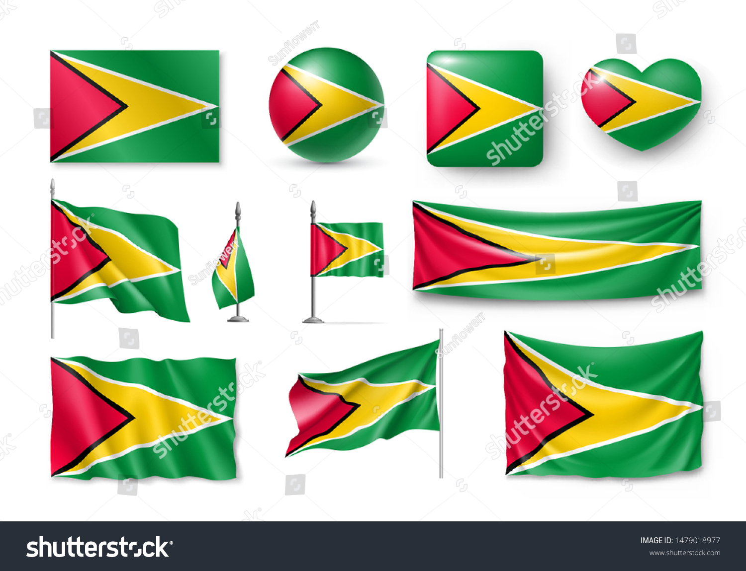 SVG of Various flags of Guyana independent country set. Realistic waving national flag on pole, table flag and different shapes badges. Patriotic guyanese rendering symbols isolated vector illustration. svg