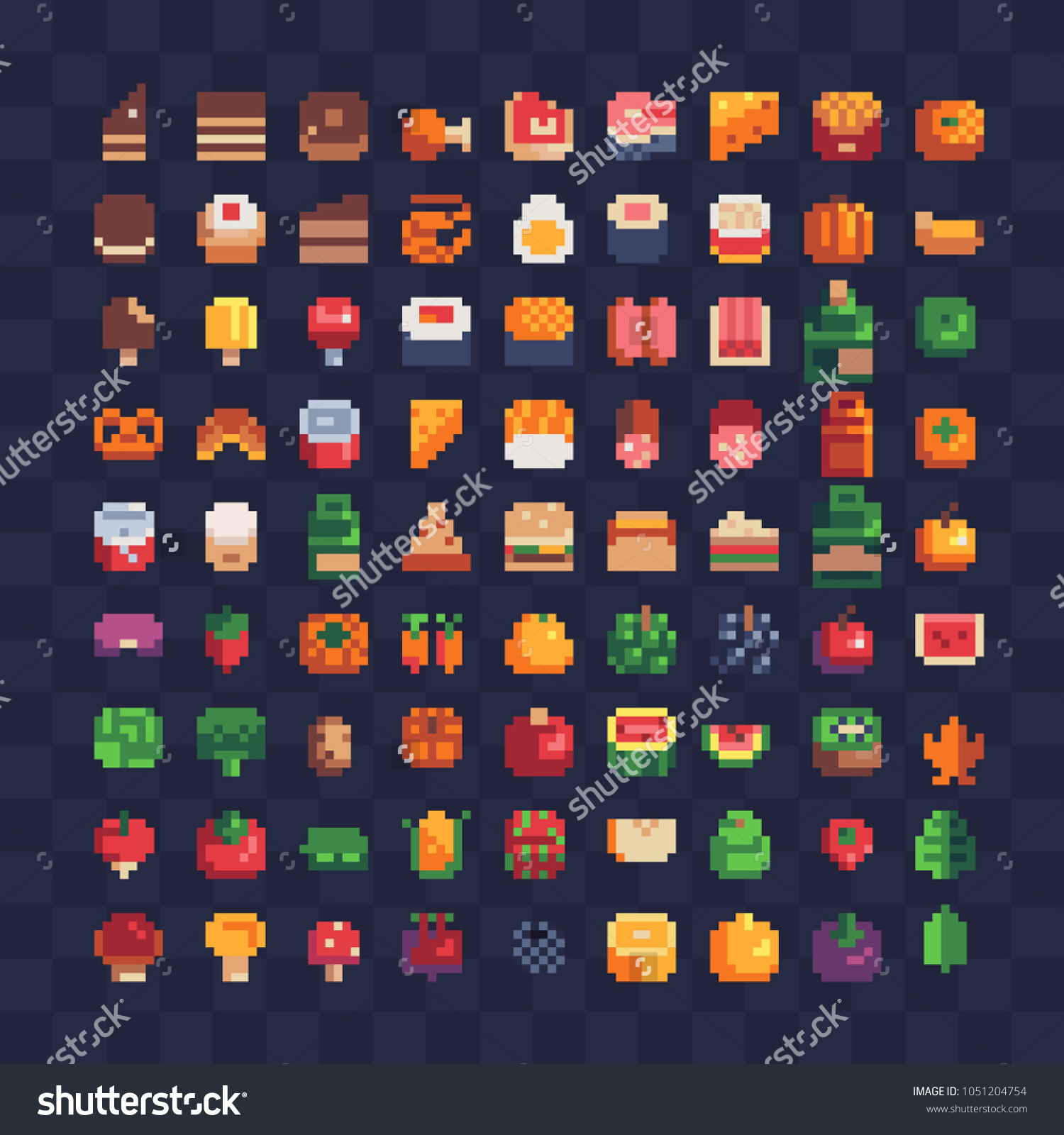 Various Food Pixel Art Icons Design Stock Vector Royalty Free 1051204754