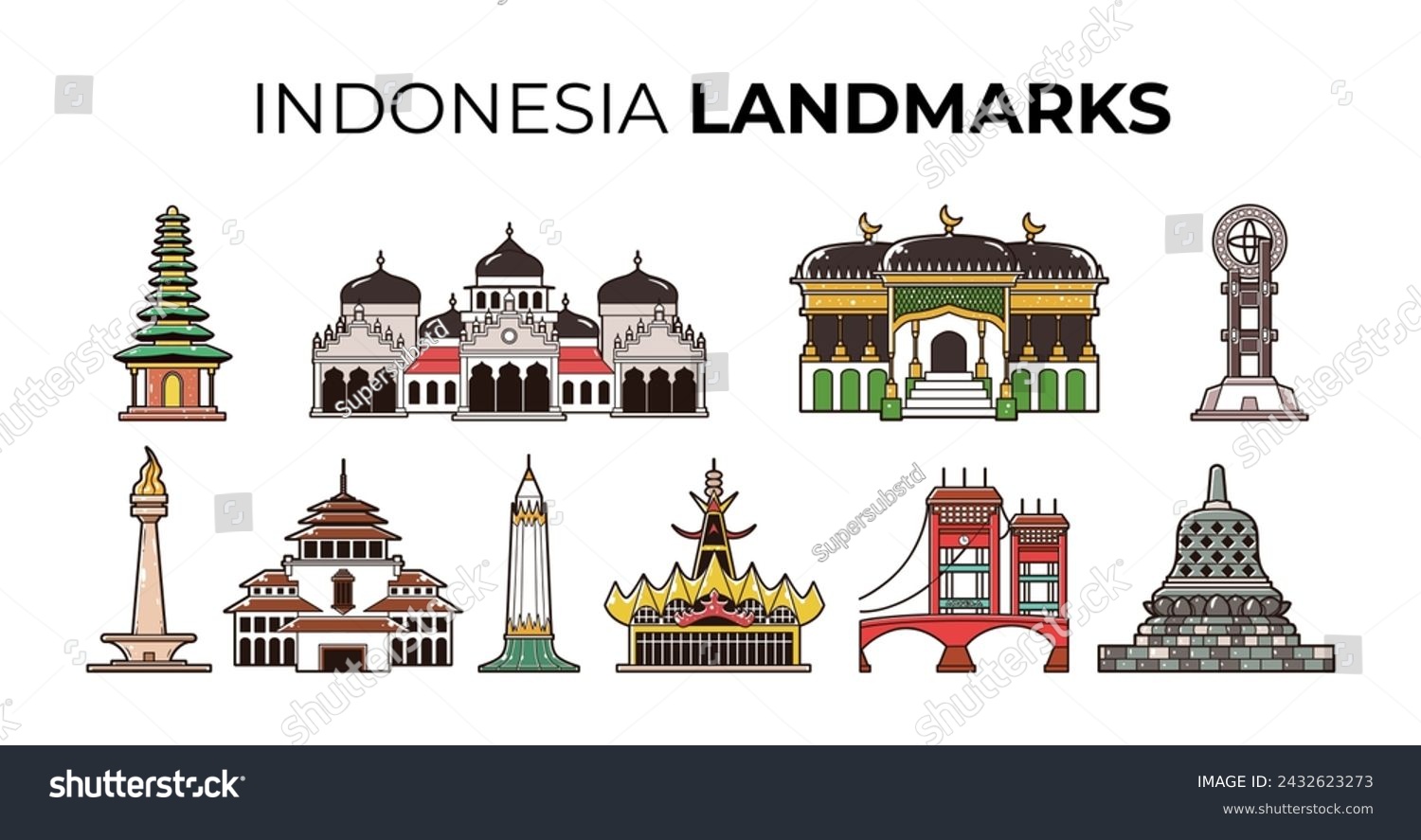 SVG of Various indonesian landmarks element vector illustration set svg