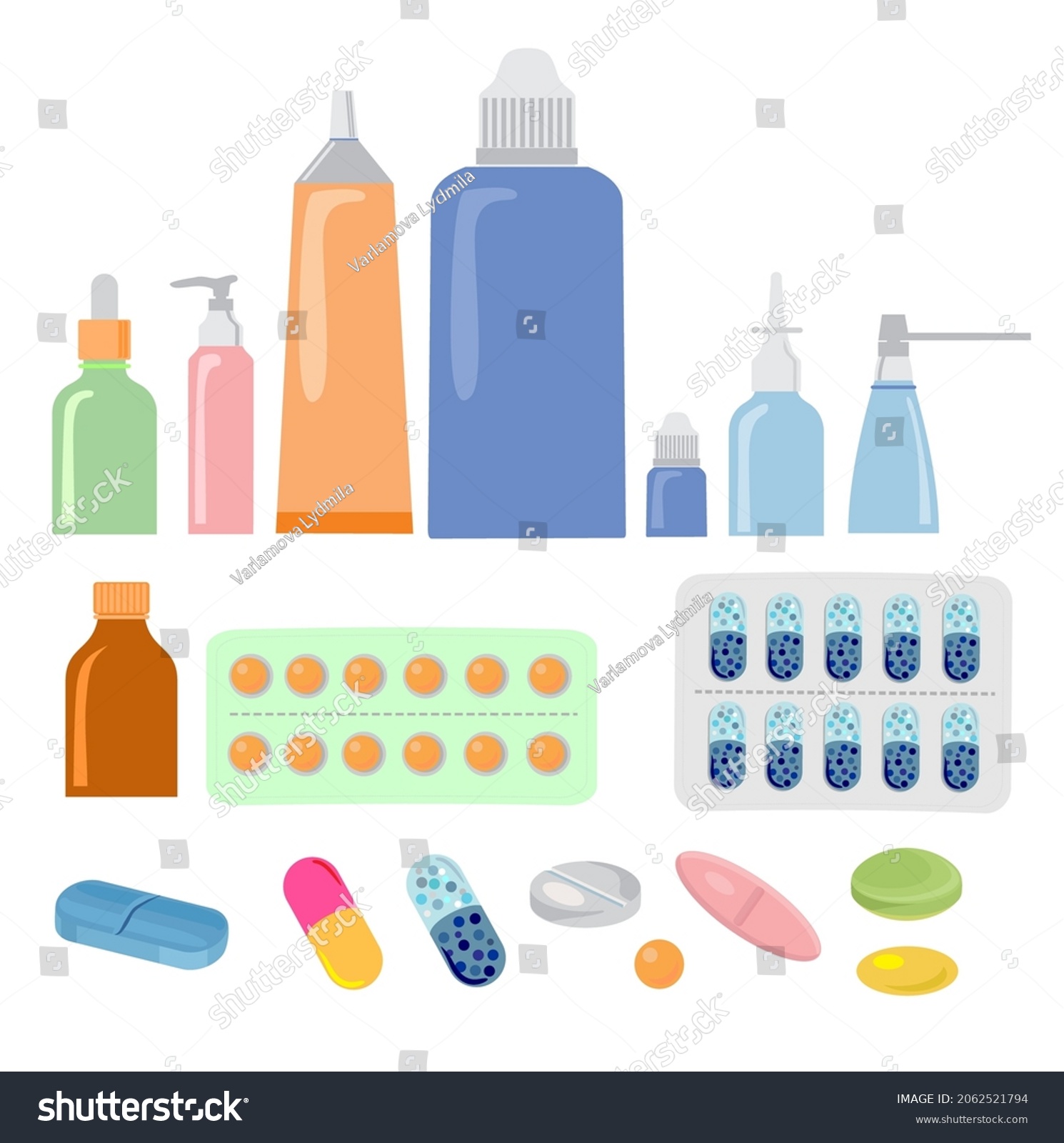 SVG of Various meds. Pills, capsules blisters, glass bottles with liquid medicine and plastic tubes with caps. Drug medication and supplements collection. Flat style vector object illustration svg