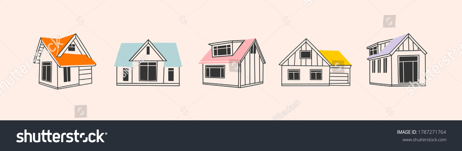SVG of Various Outline Small and tiny houses. White walls, black windows. Colorful roofs. Different facades. Scandinavian style. Hand drawn Vector set. Every building is isolated svg