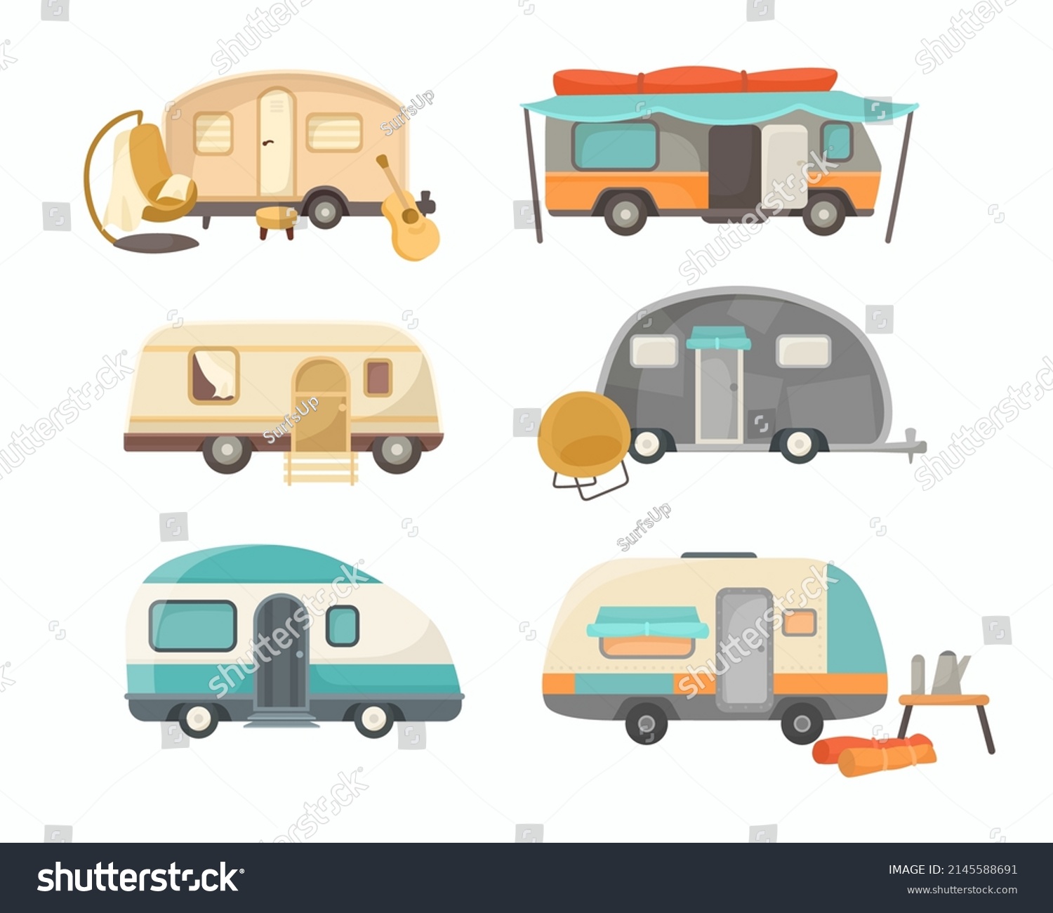 SVG of Various RV or house trailers cartoon illustration set. Vintage vans, mobile home or camping truck for travel, adventure, journey in summer family vacation. Campsite, camp, transportation concept svg