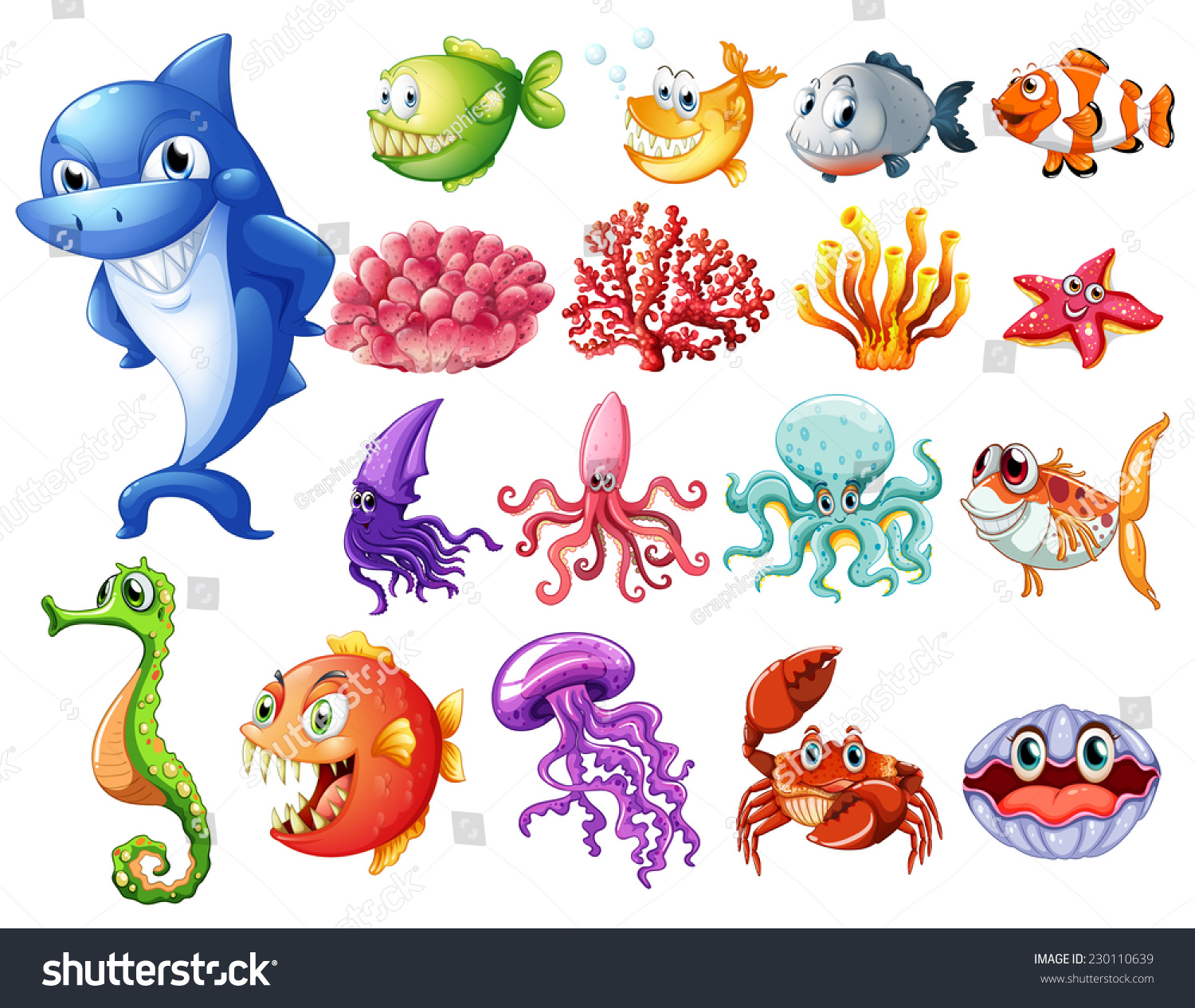 Various Sea Creatures On White Stock Vector 230110639 : Shutterstock