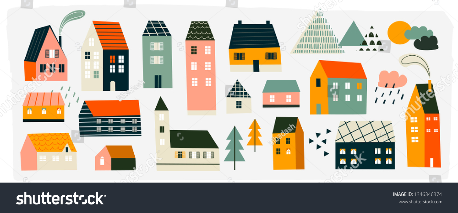 SVG of Various small tiny houses, trees and mountains. Paper cut style. Flat design. Hand drawn trendy illustration. Big colored vector set. All elements are isolated svg