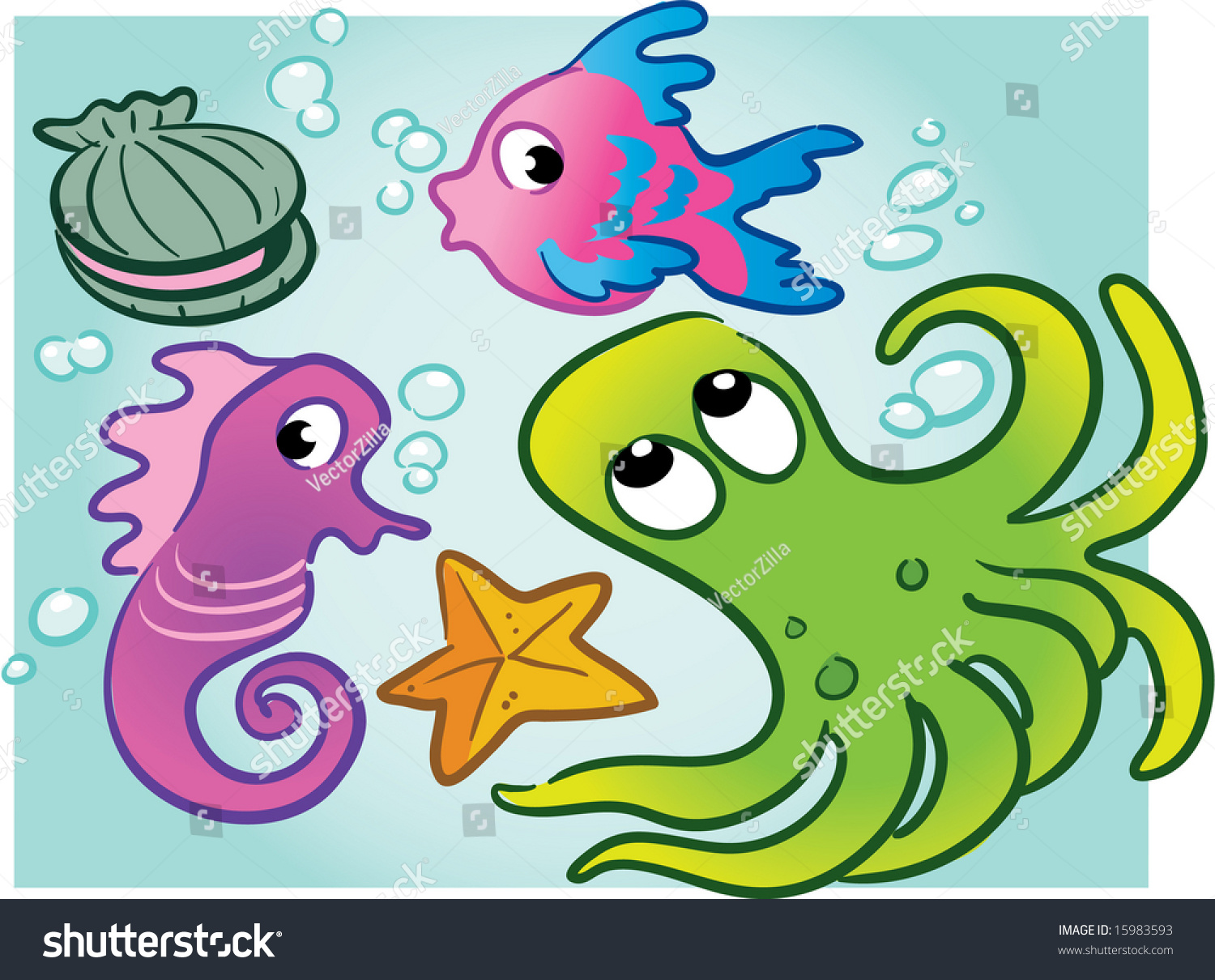 Various Vector Sea Creatures: Clam, Fish, Seahorse, Octopus, Starfish ...