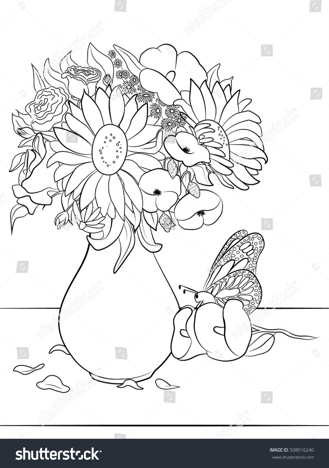 Vase Flowers Coloring Page Adults Kids Stock Vector Royalty Free ...