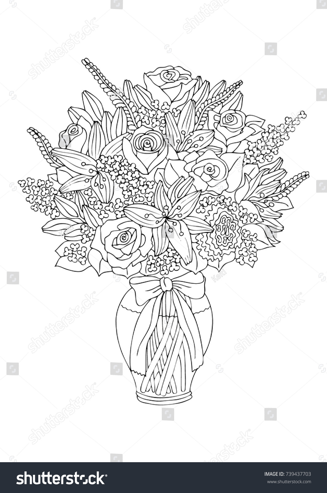 Vase with flowers Hand drawn picture Sketch for anti stress adult coloring book