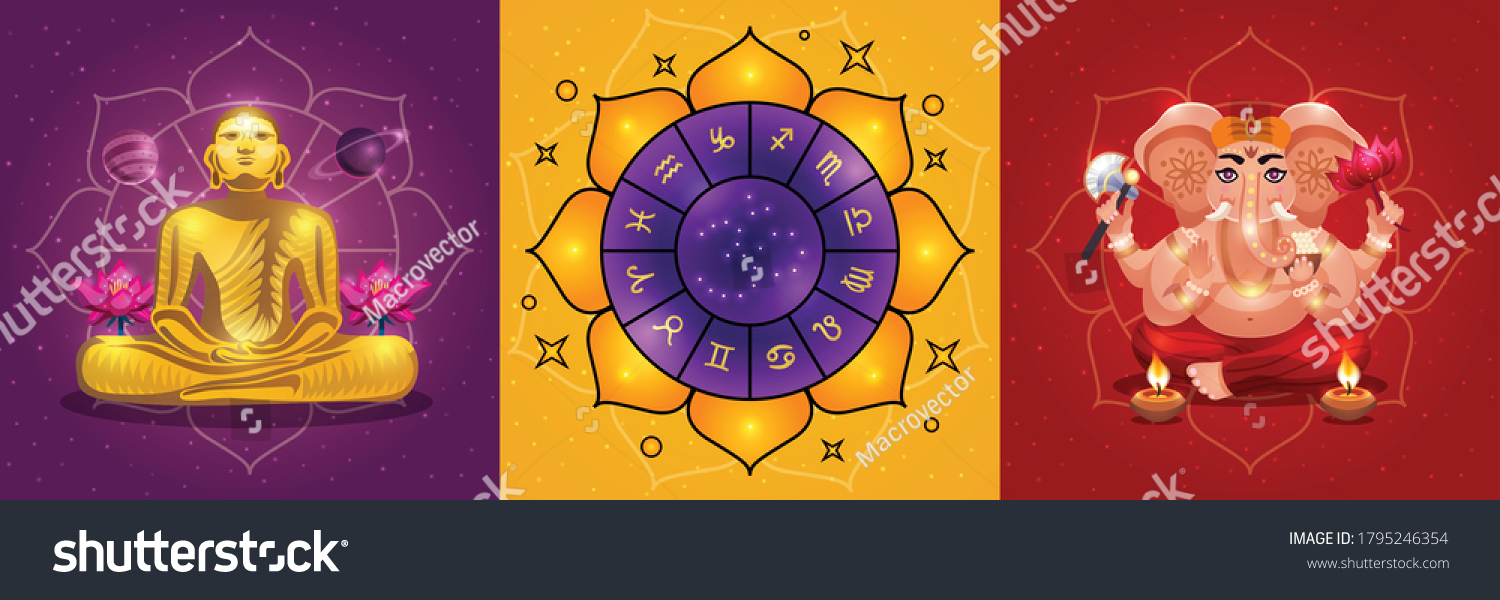 SVG of Vastu vedic hindu astrology 3 colorful background posters with ganesha god ritual calendar meditation symbols vector illustration  svg