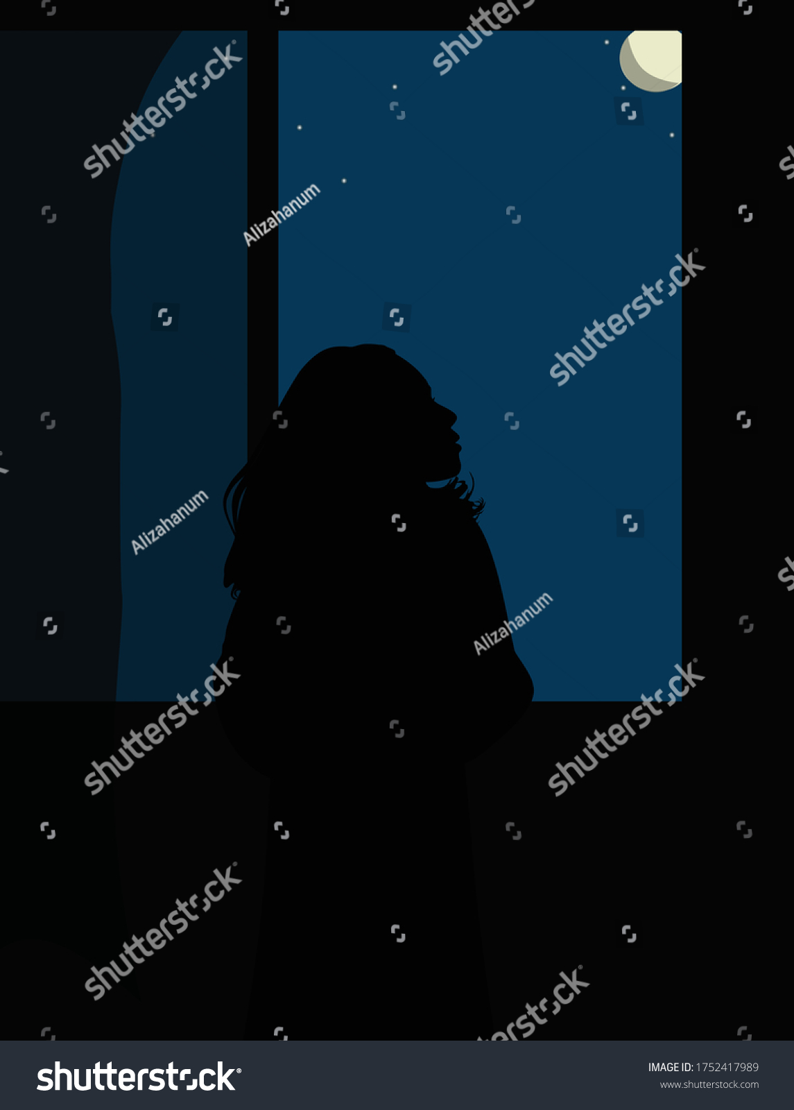 一人の女の子が夜景 イラスト 壁紙 画像の窓から覗き込むのをベクター画像で見る のベクター画像素材 ロイヤリティフリー