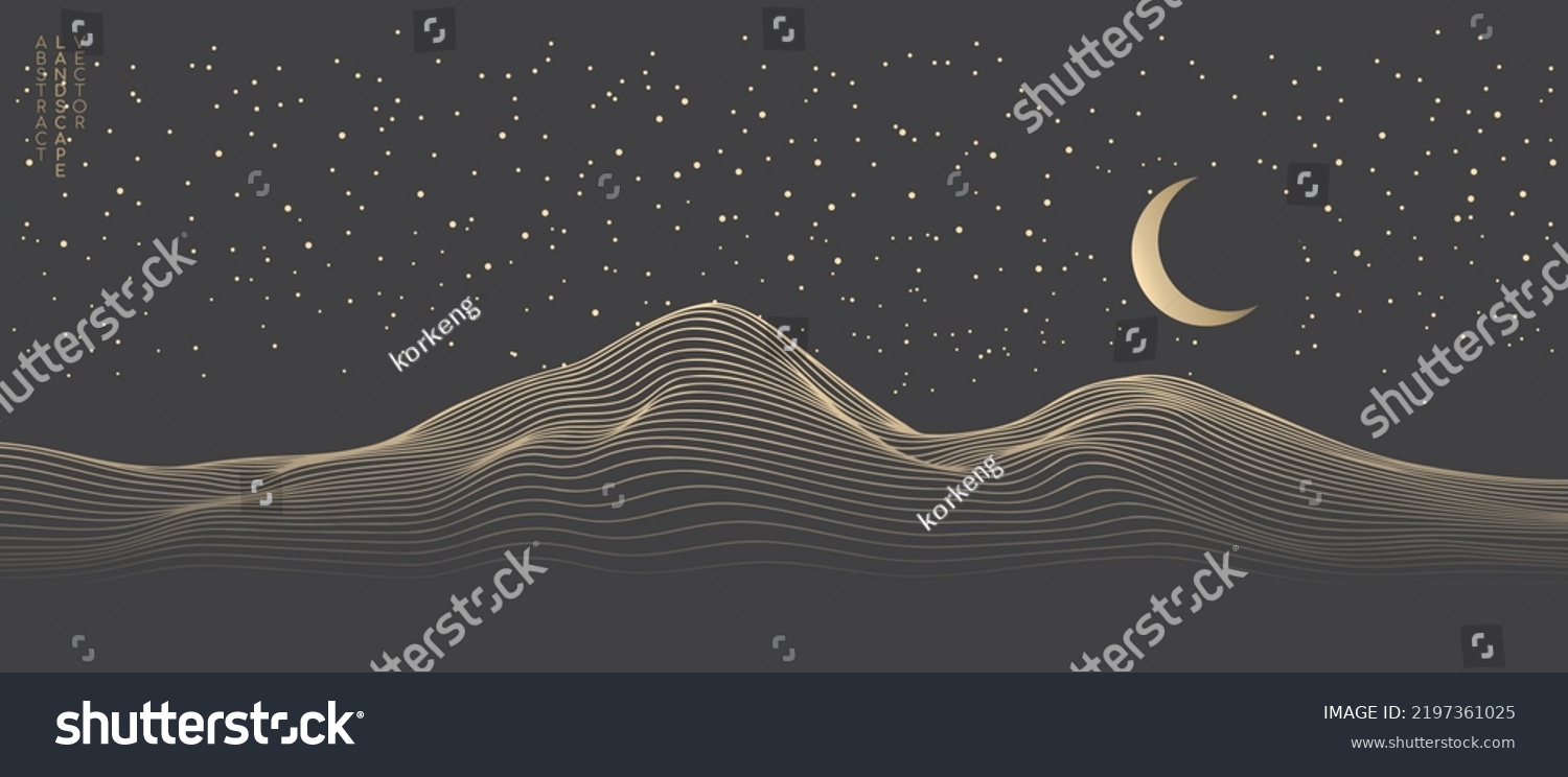 SVG of Vector abstract art landscape mountain night sky with crescent moon stars by golden line art texture isolated on dark grey black background. Minimal luxury style for wallpaper, wall art decoration. svg
