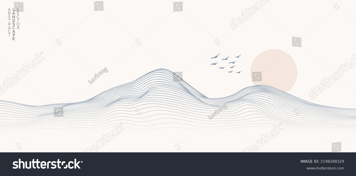 SVG of Vector abstract art landscape mountain with birds and sunrise sunset by blue line art texture isolated on white beige earth tone background. Minimal luxury style for wallpaper, wall art decoration. svg