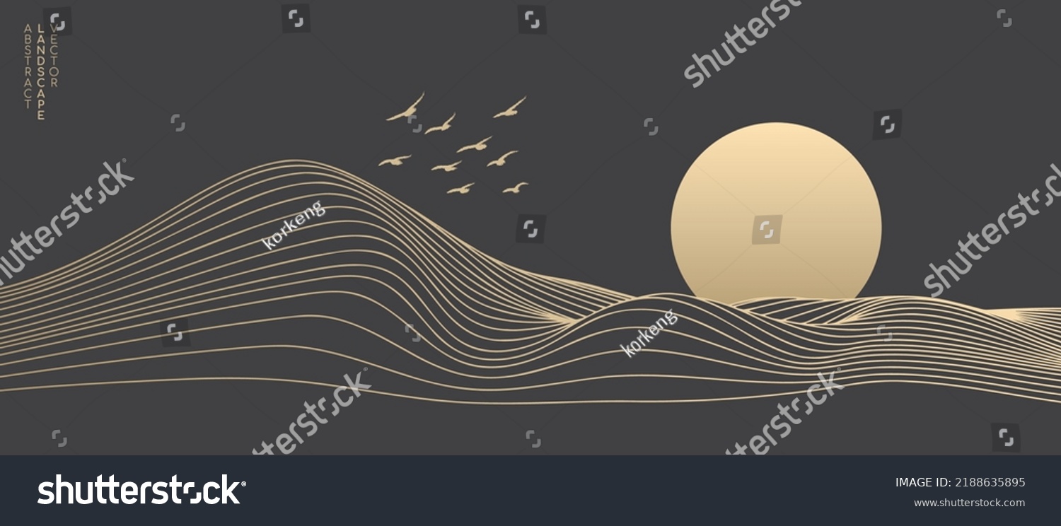 SVG of Vector abstract art landscape mountain with birds and sunrise sunset by golden line art texture isolated on dark grey black background. Minimal luxury style for wallpaper, wall art decoration. svg