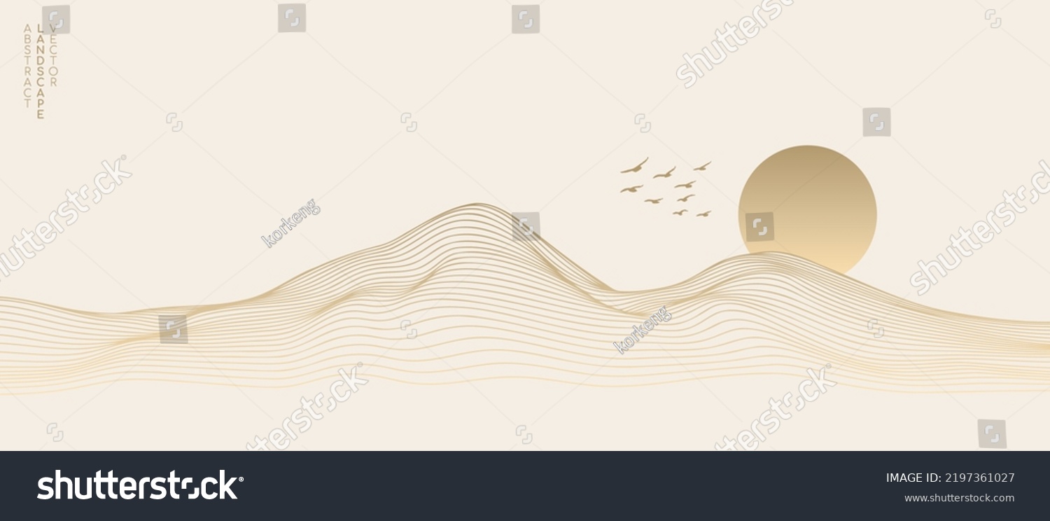 SVG of Vector abstract art landscape mountain with birds and sunrise sunset by golden line art texture isolated on white beige background. Minimal luxury style for wallpaper, wall art decoration. svg