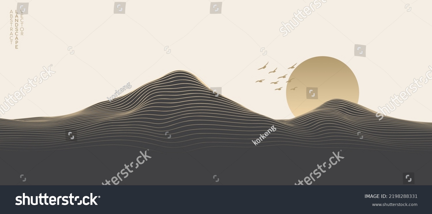 SVG of Vector abstract art landscape mountain with birds and sunrise sunset by golden line art texture black and white beige background. Minimal luxury style for wallpaper, wall art decoration. svg