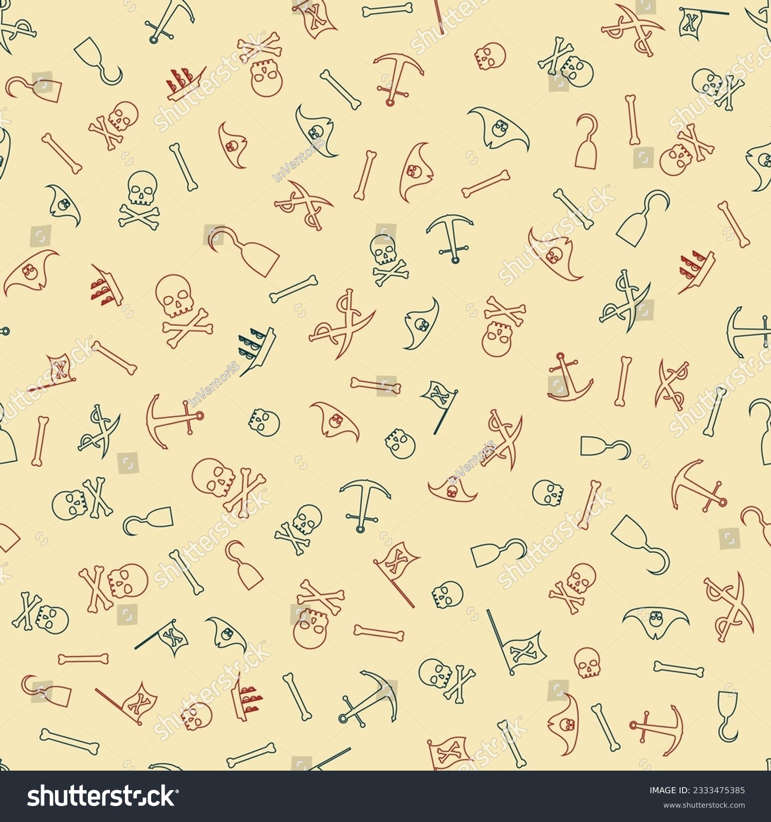 SVG of Vector abstract seamless pattern with skull, crossbones, pirate flag, swords and other nautical symbols. Vintage background with hand-drawn sketches, ink blots and stains. svg