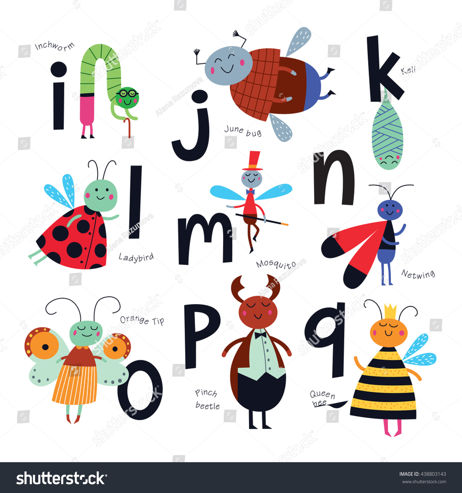 Vector Alphabet Children Cute Insects Cartoon Stock Vector Royalty Free