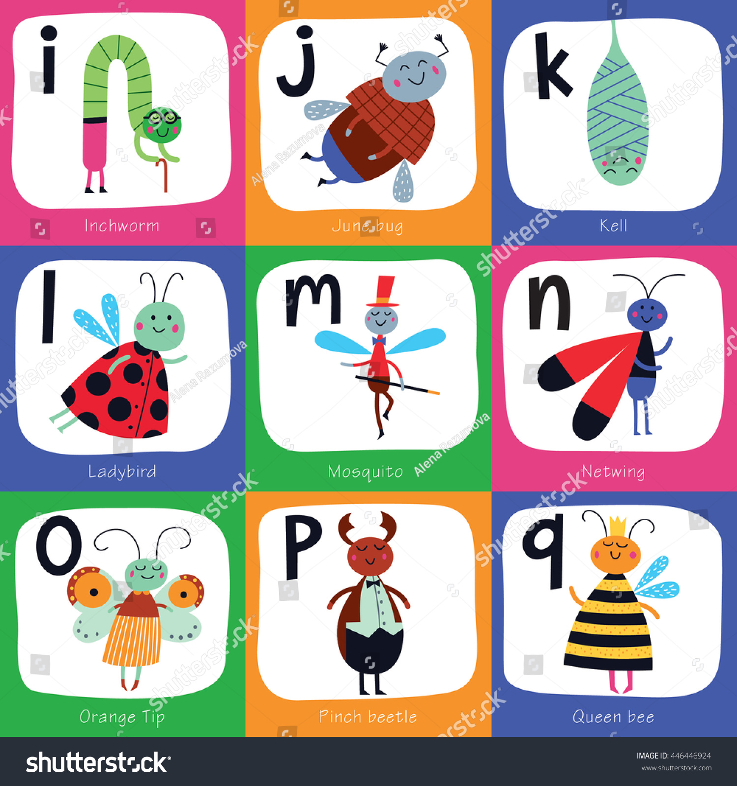 Vector Alphabet Children Cute Insects Cartoon Stock Vector Royalty Free