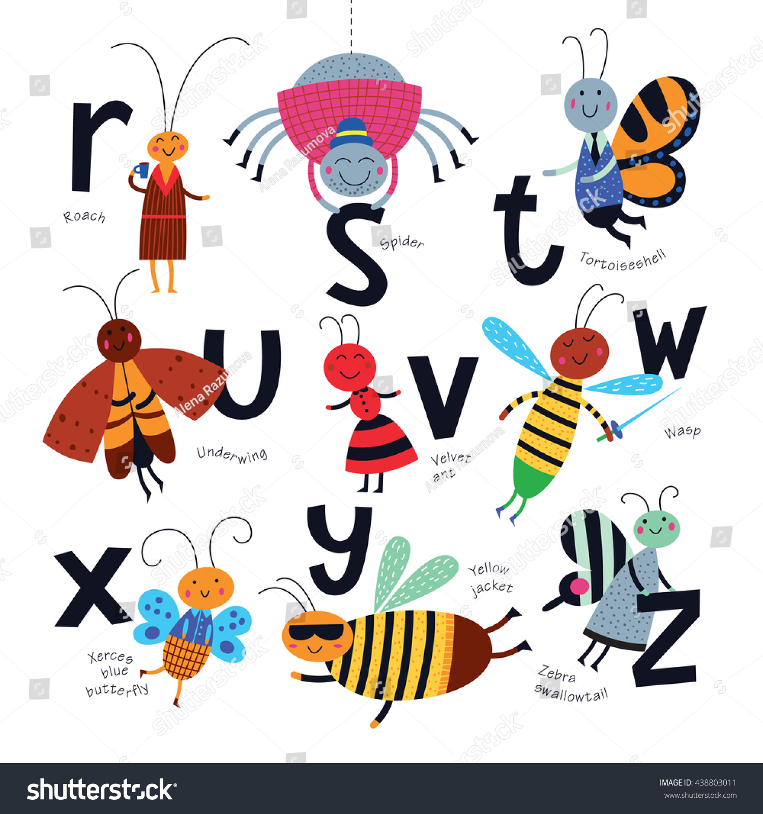 Vector Alphabet Children Cute Insects Cartoon Stock Vector Royalty Free