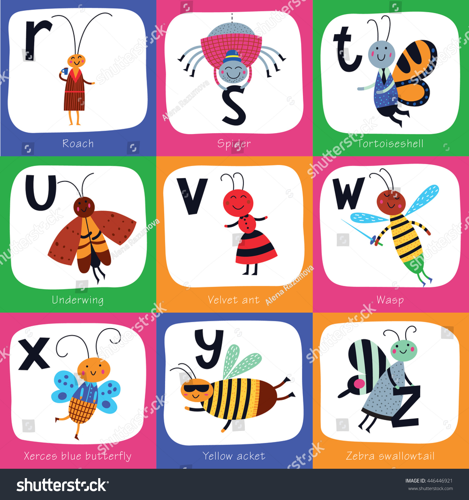 Vector Alphabet Children Cute Insects Cartoon Stock Vector Royalty Free